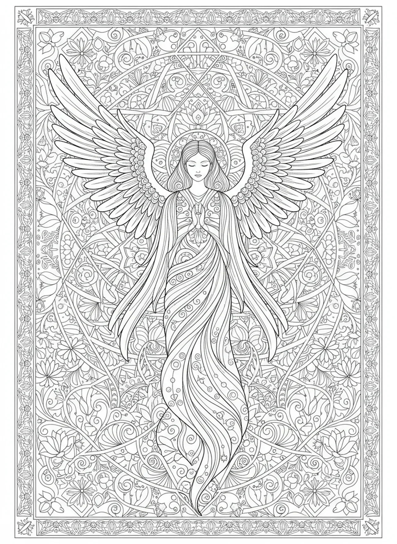 Figure angélique avec des ailes, page à colorier de prière avec des bougies pour adultes dans un style de journal biblique.