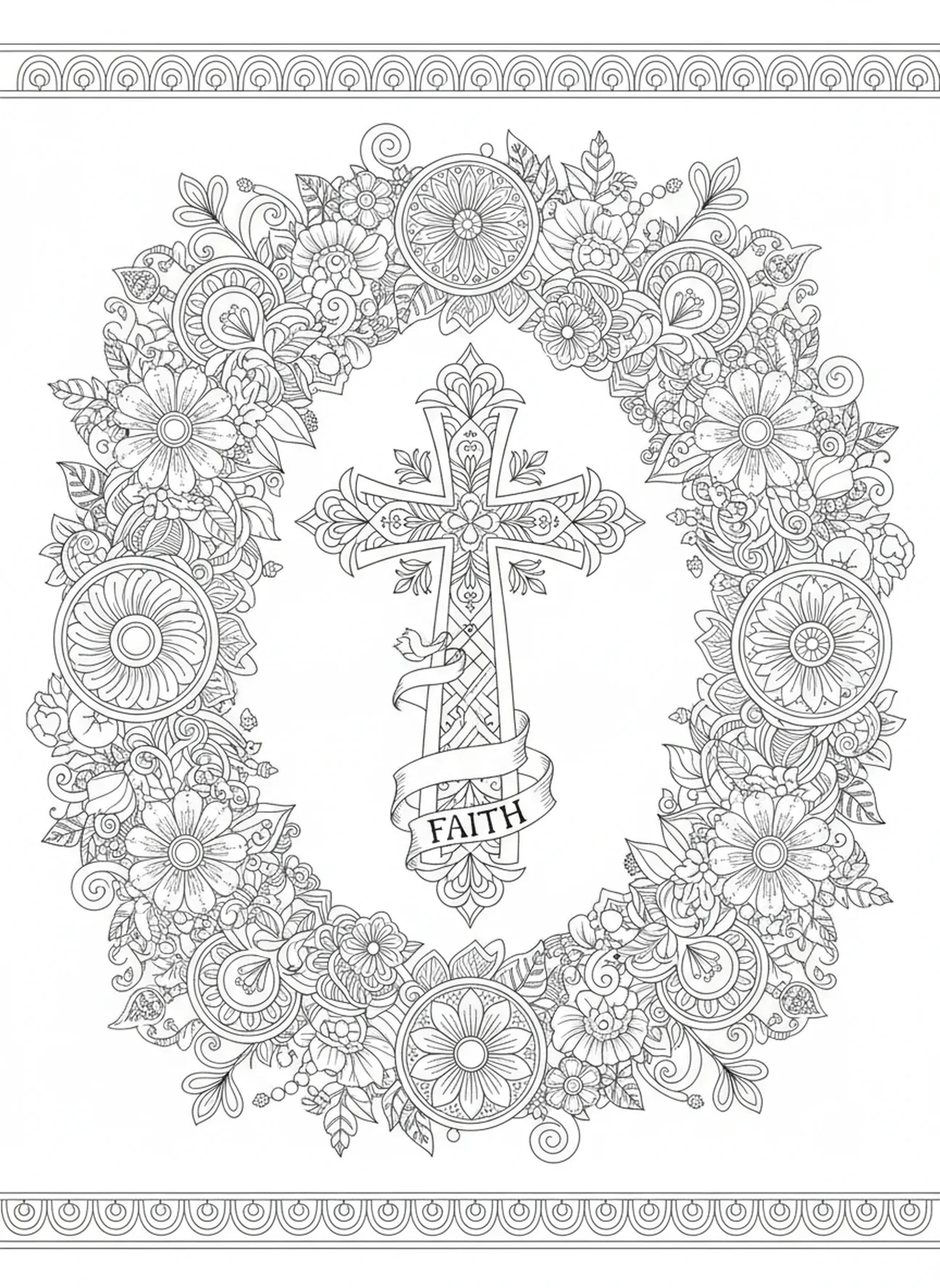Couronne florale avec une croix, page à colorier de prière avec bougie pour adultes dans le style du journal biblique.