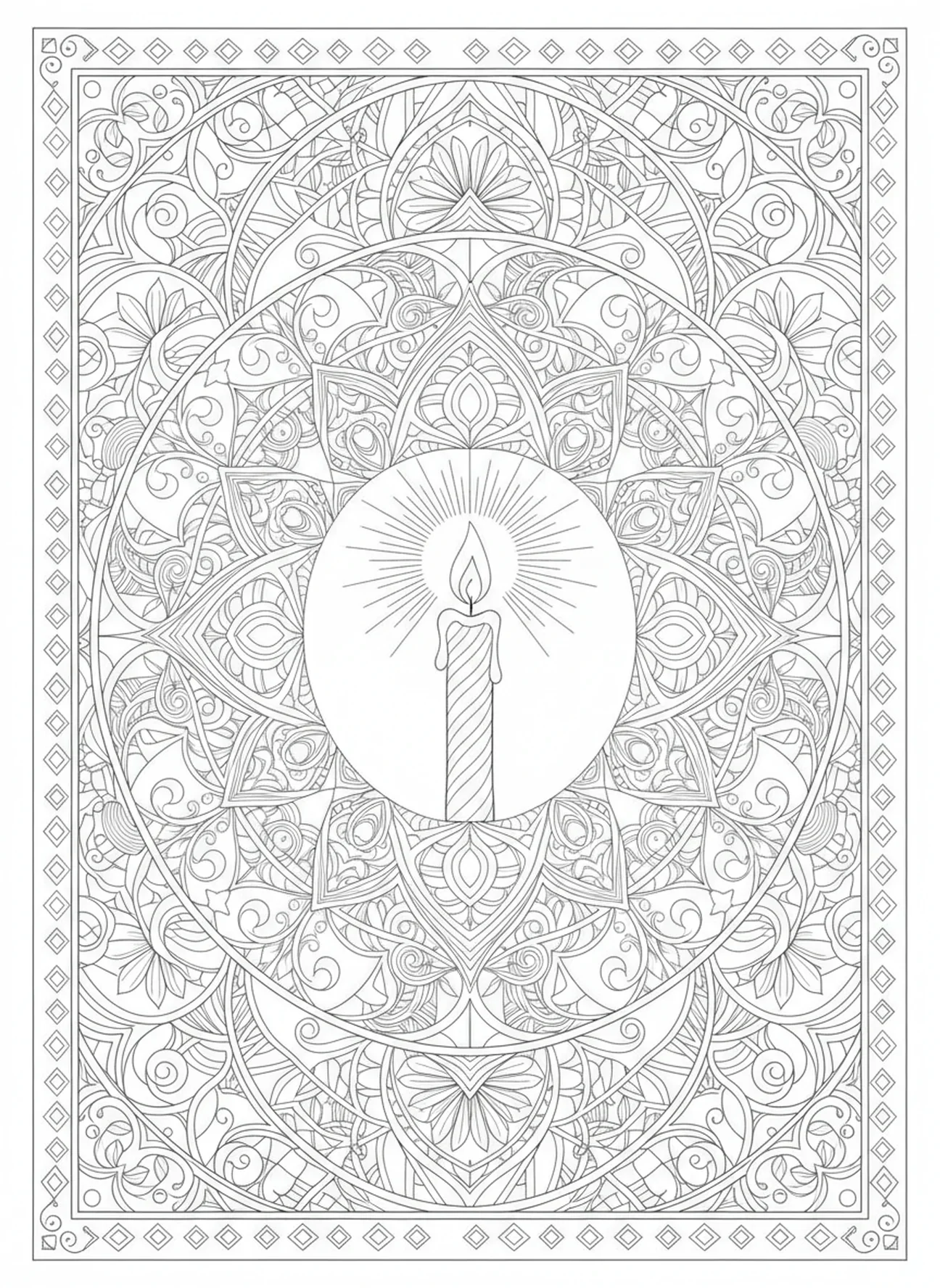 Bougie allumée, page à colorier de prière de bougie pour adultes dans le style du journal biblique.