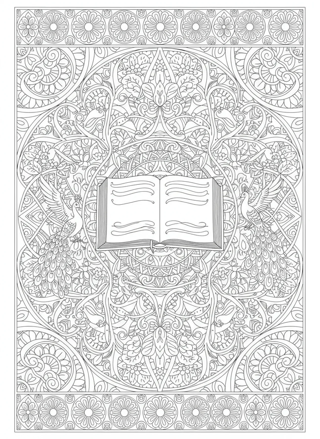 Page à colorier de la Bible ouverte, bougie et prière pour adultes dans un style de journalisation biblique.