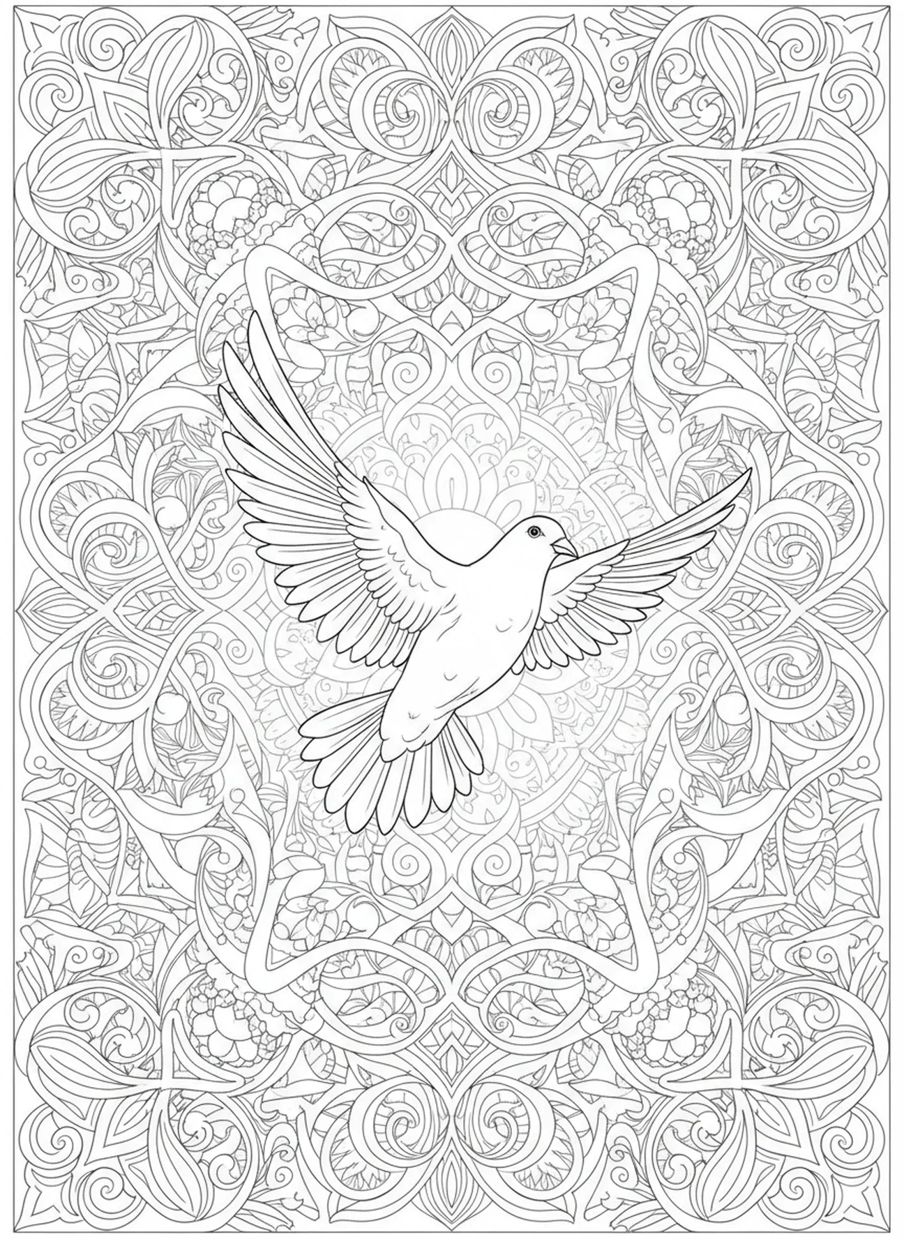 Colombe paisible, page à colorier de prière avec bougie pour adultes dans un style de journal biblique.