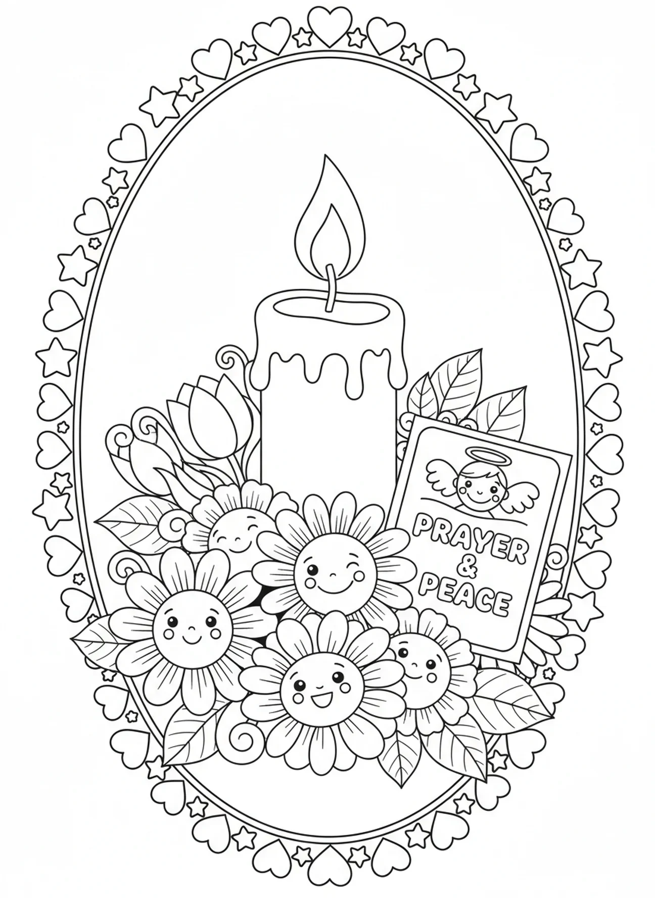 Close-up van een kaars met bloemen, Kleurplaat van het Kaarsgebed voor kinderen van 5-10 jaar