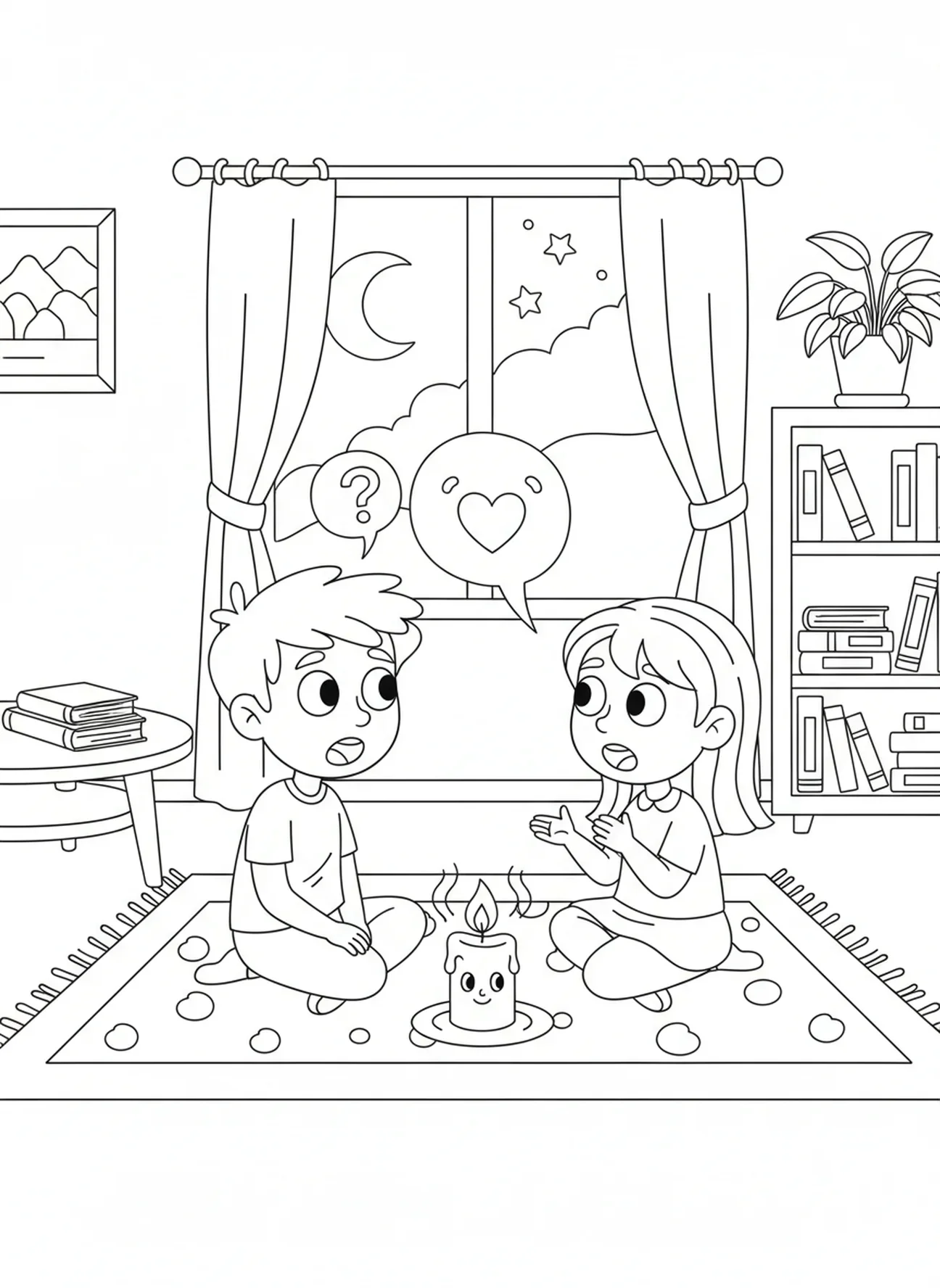 Twee kinderen delen gedachten rond een kaars, Kleurplaat voor het Kaarsgebed voor kinderen van 5-10 jaar