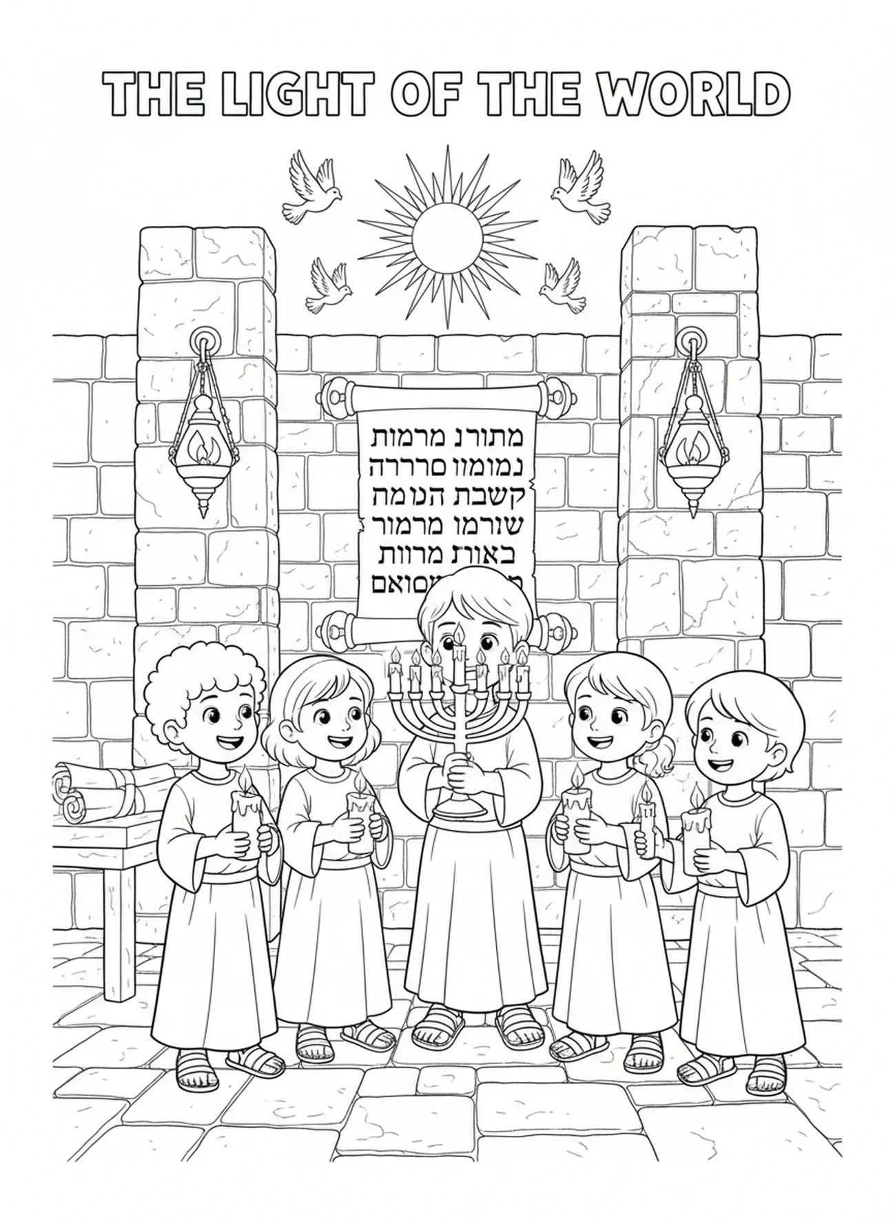 Groupe d'enfants allumant des bougies, page à colorier de la prière des bougies pour les enfants de l'École du dimanche âgés de 5 à 12 ans