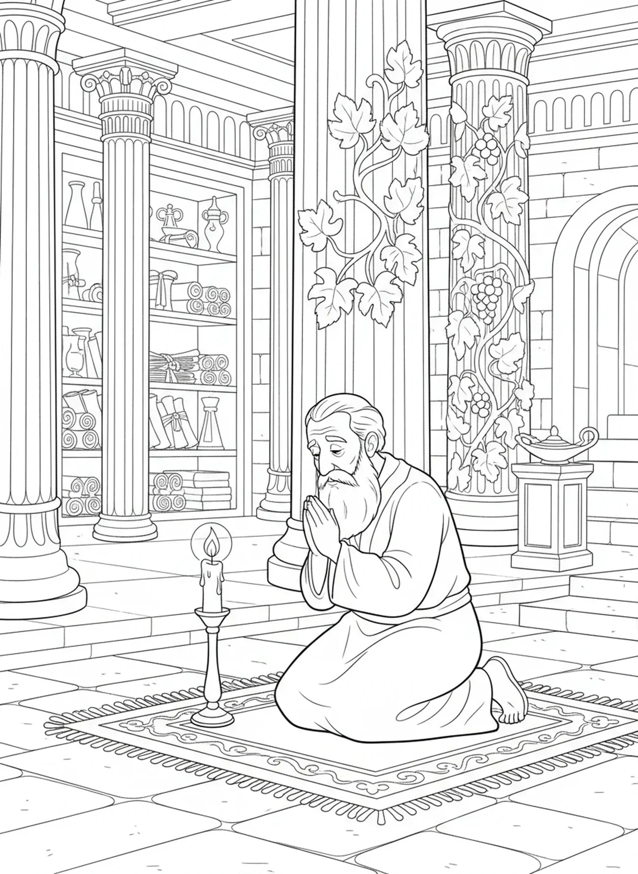 Homme âgé priant près d'une bougie, page à colorier de la prière de la bougie pour les enfants de l'école du dimanche âgés de 5 à 12 ans
