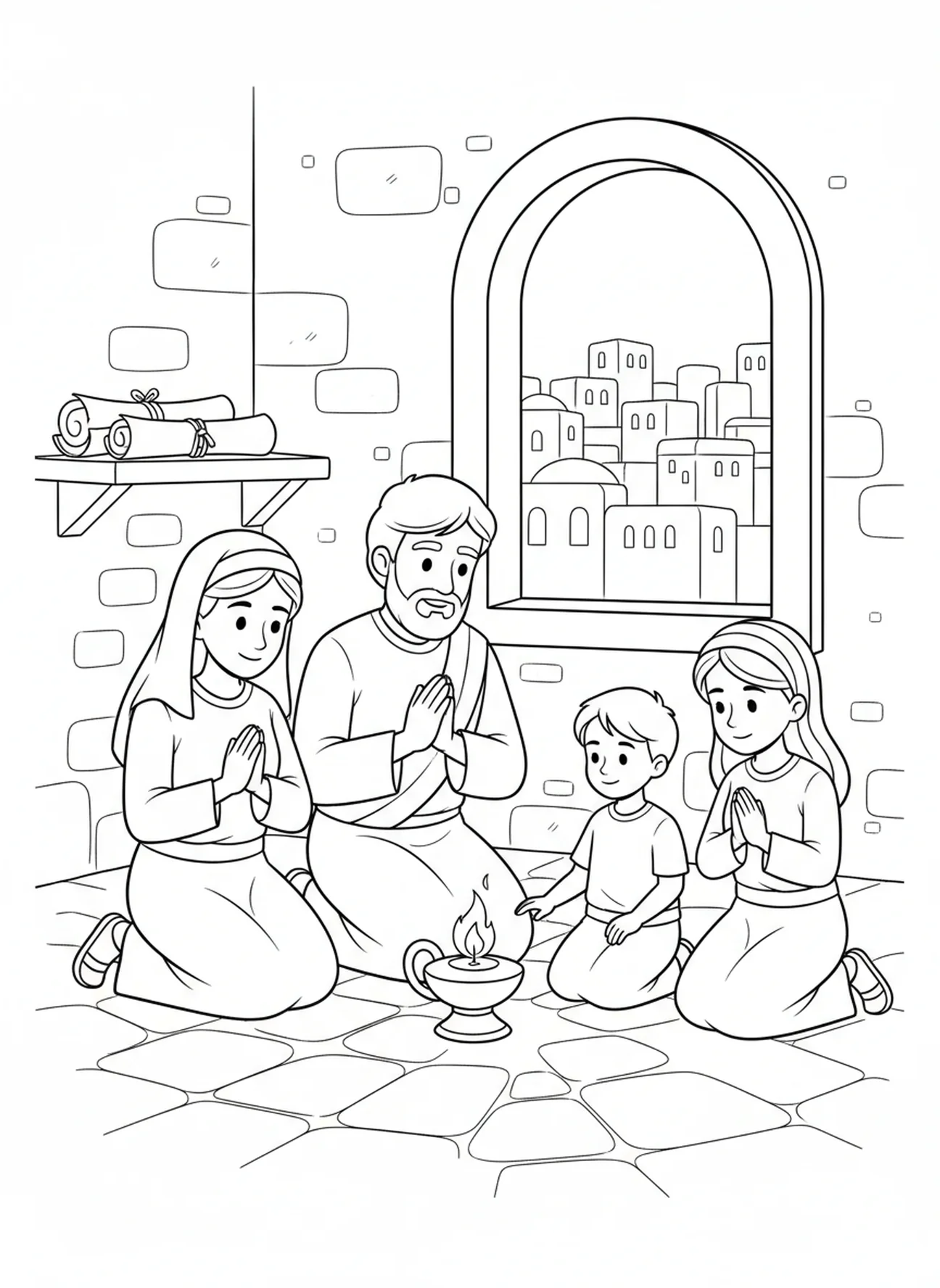 Famille réunie en prière, page à colorier de prière à la bougie pour les enfants de l'École du dimanche âgés de 5 à 12 ans