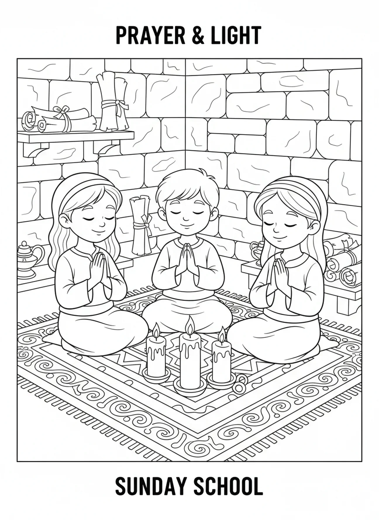Trois enfants heureux priant, page à colorier de la prière de la bougie pour les enfants de l'École du dimanche âgés de 5 à 12 ans