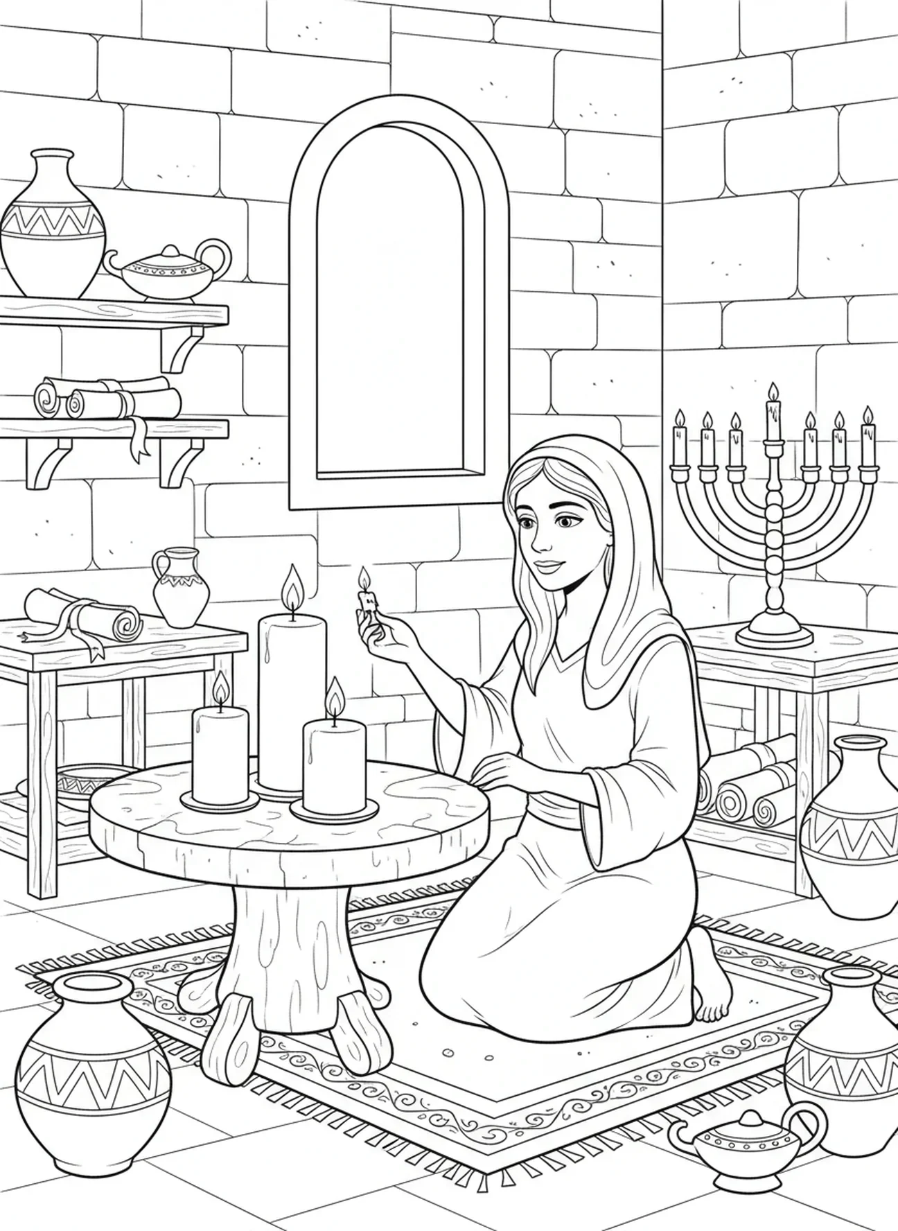 Femme allumant des bougies, page à colorier de la prière des bougies pour les enfants de l'École du dimanche âgés de 5 à 12 ans