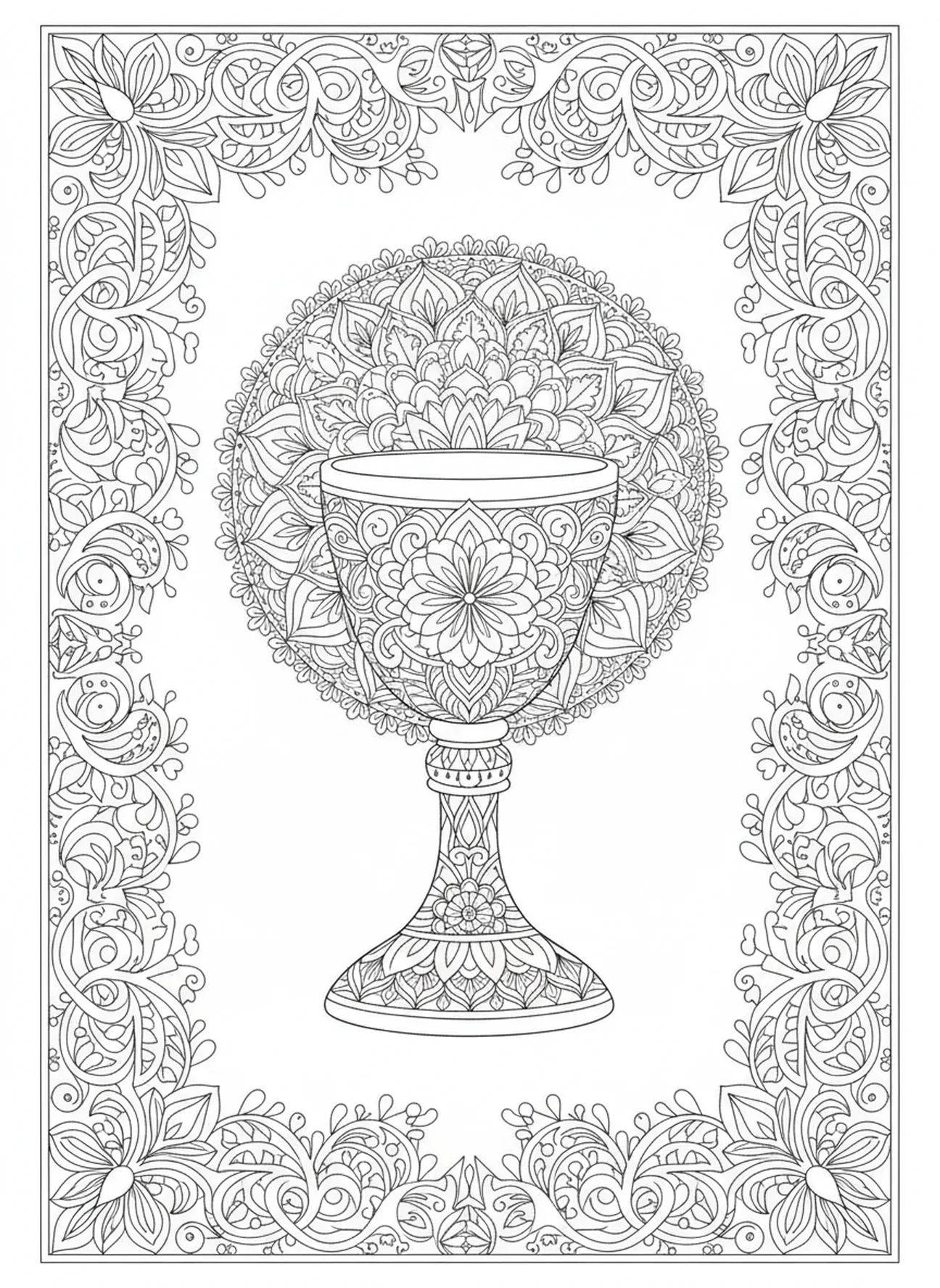 Aufwendiger Blumenrahmen, Kelch-Symbol Ausmalbild für Erwachsene im Bibel-Journaling-Stil