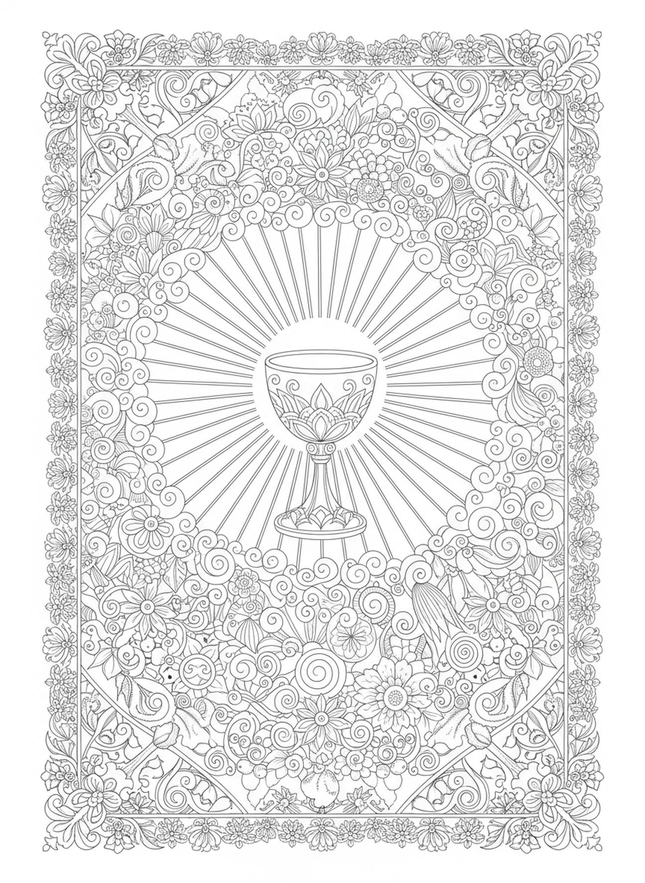 Strahlende Lichtstrahlen, Kelch-Symbol Ausmalbild für Erwachsene im Bibel-Journaling-Stil