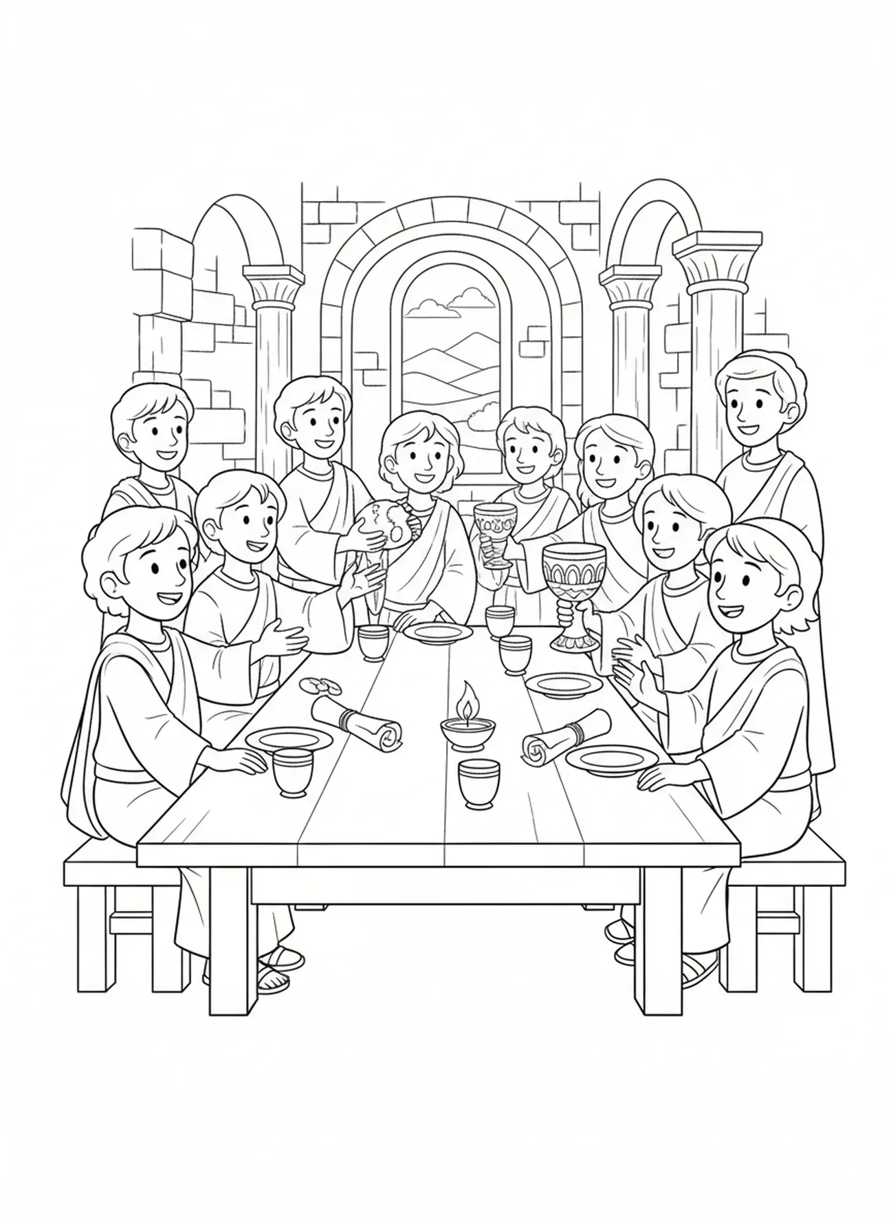 Disciples partageant le pain et le calice, page à colorier sur le symbole du calice pour les enfants de l'École du dimanche âgés de 5 à 12 ans