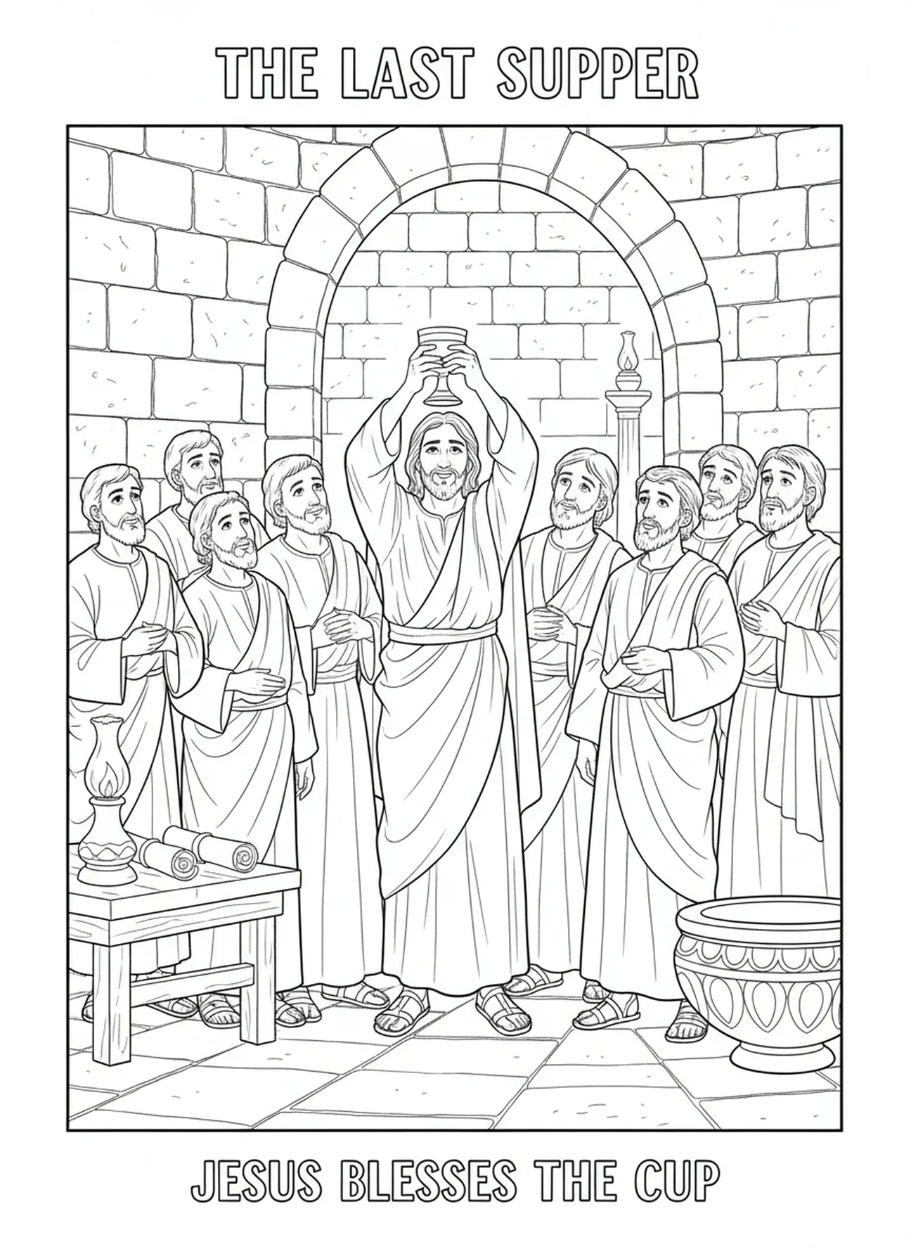 Jésus tenant un calice, page à colorier sur le symbole du calice pour les enfants de l'École du dimanche âgés de 5 à 12 ans