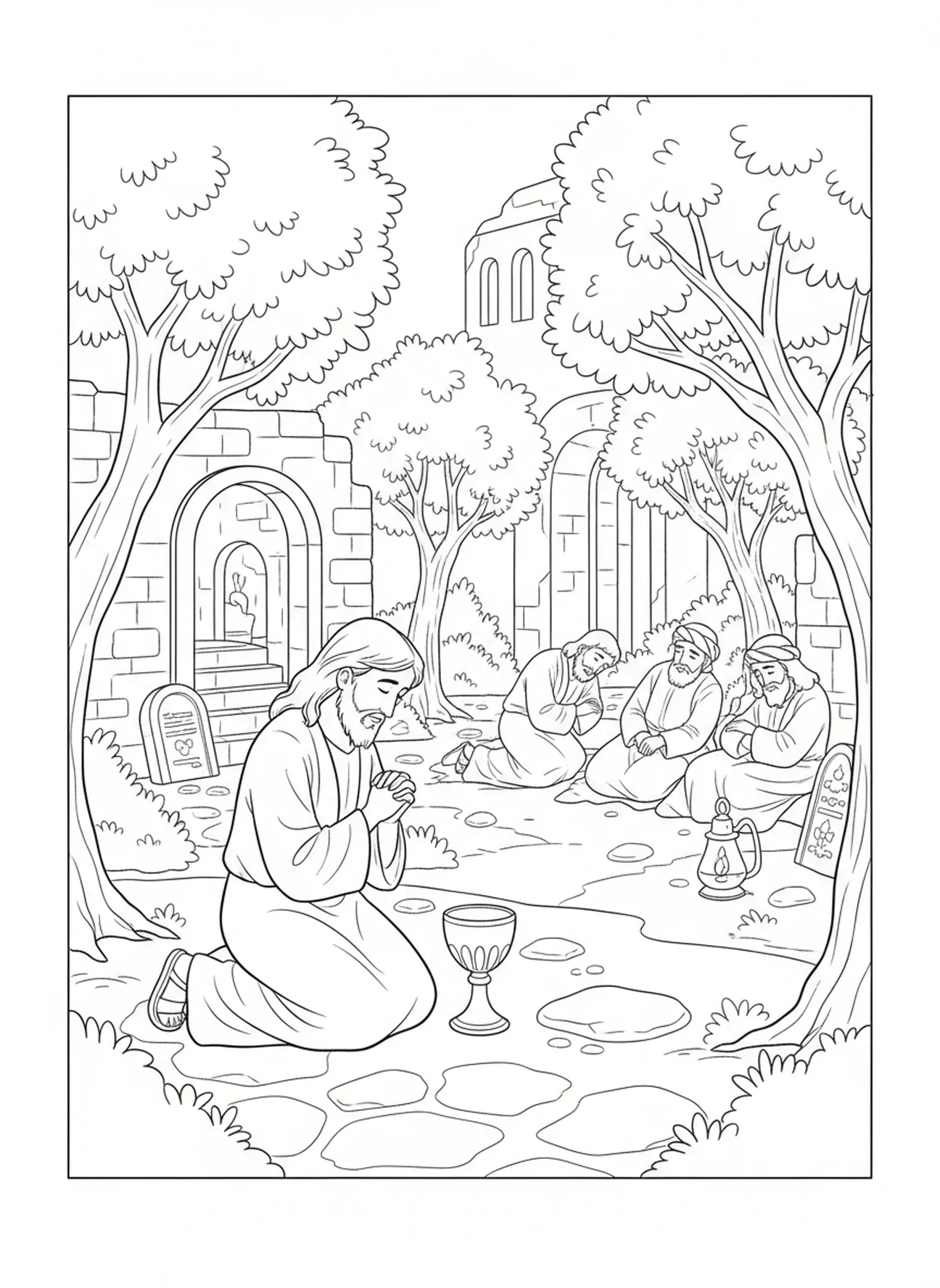 Jésus priant dans le jardin, page à colorier avec le symbole du calice pour les enfants de l'École du dimanche âgés de 5 à 12 ans