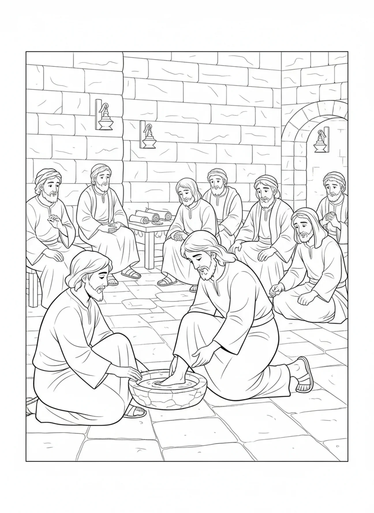 Jésus lavant les pieds, page à colorier avec le symbole du calice pour les enfants de l'École du dimanche âgés de 5 à 12 ans