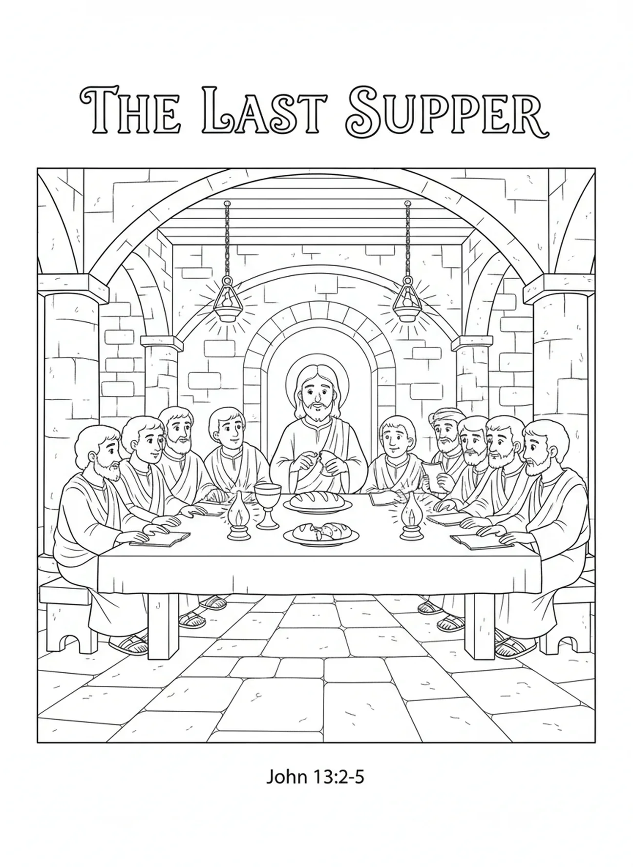 Jésus rompant le pain, page à colorier avec le symbole du calice pour les enfants de catéchisme âgés de 5 à 12 ans