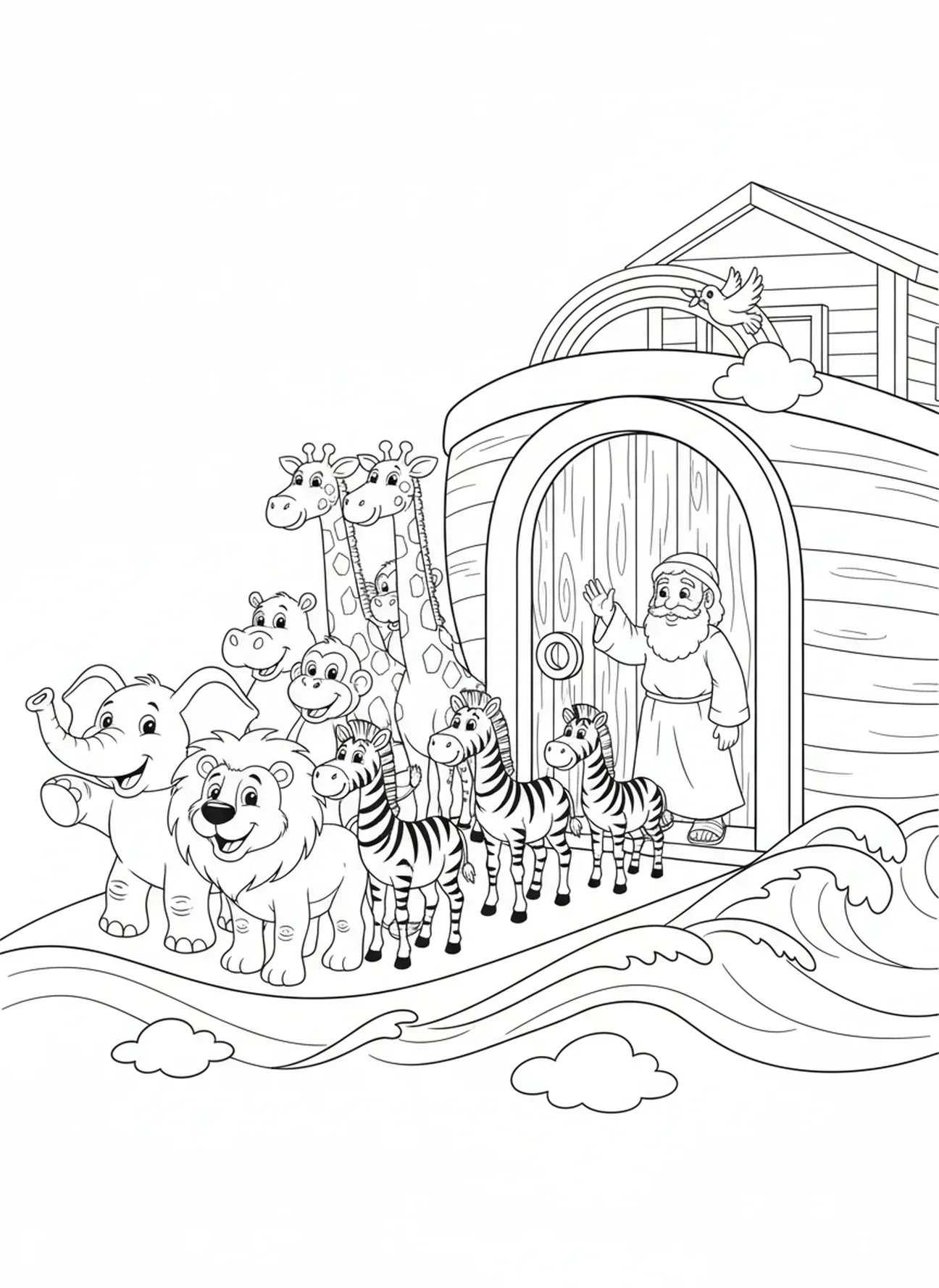 Des paires d'animaux entrant dans l'arche, page à colorier du calendrier de l'Avent pour les enfants de 5 à 10 ans.