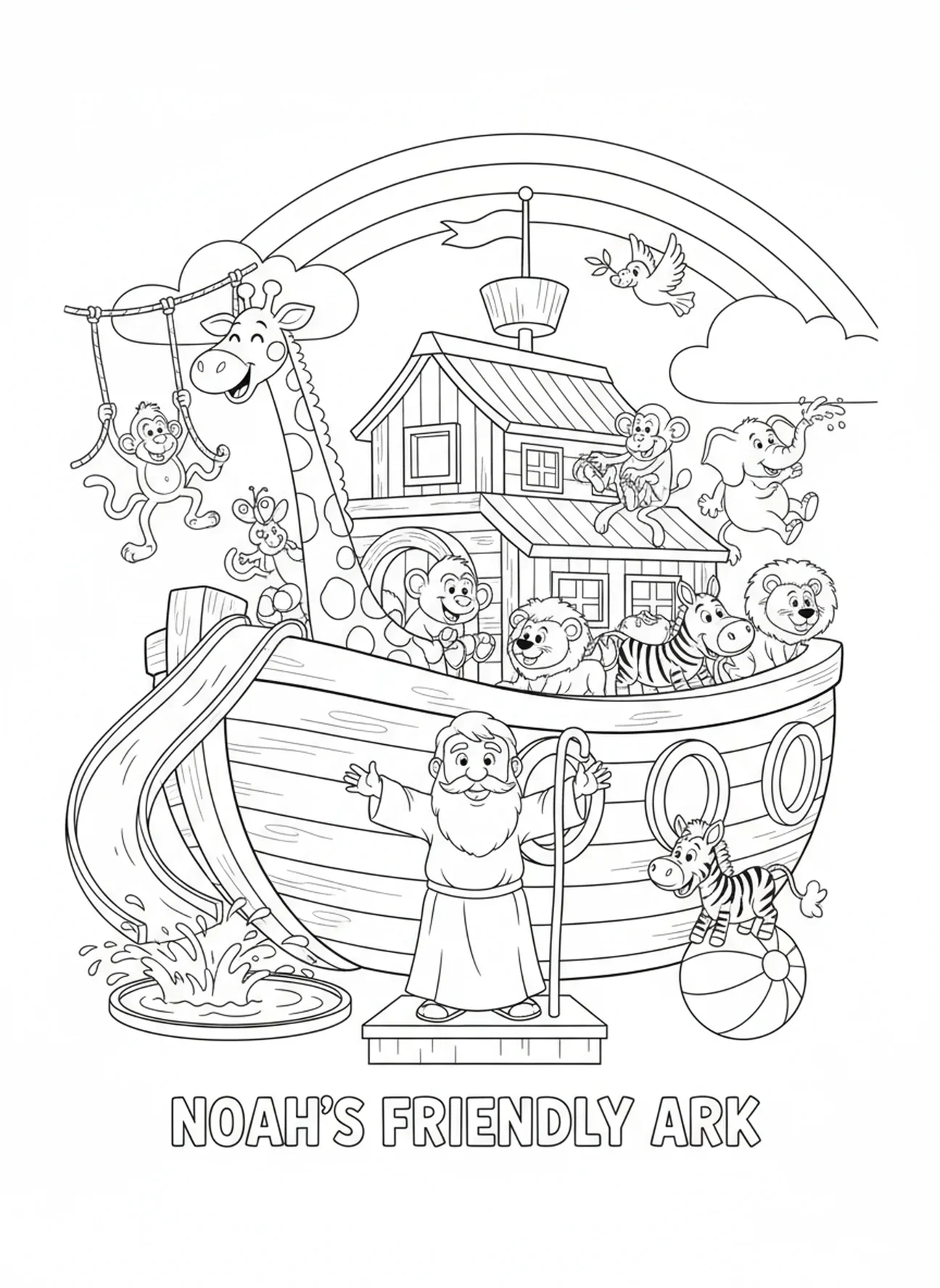 Des animaux jouant sur le pont de l'arche, page à colorier du calendrier de l'Avent pour les enfants de 5 à 10 ans.