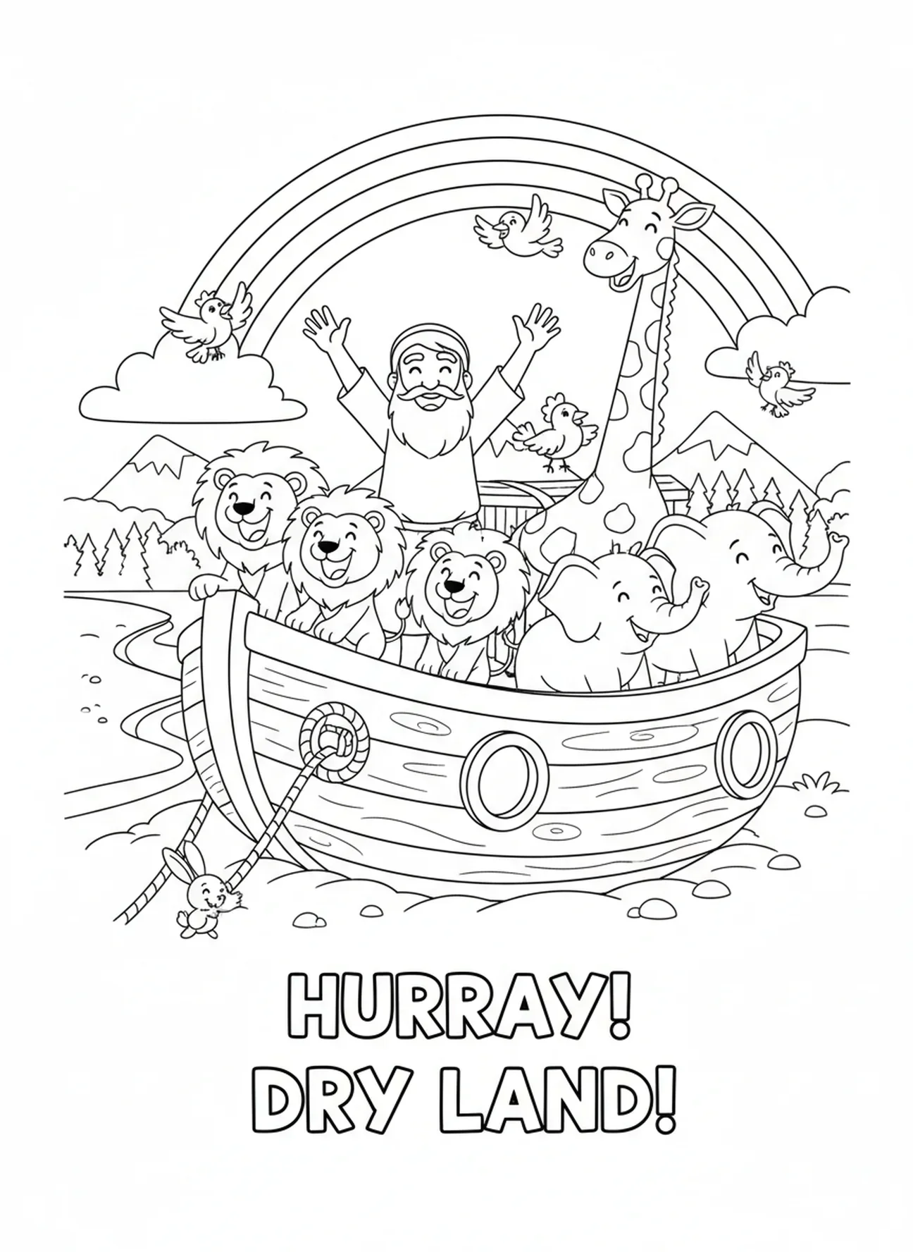 Noé célébrant l'arrivée sur la terre avec les animaux, page à colorier de calendrier de l'Avent pour les enfants de 5 à 10 ans.