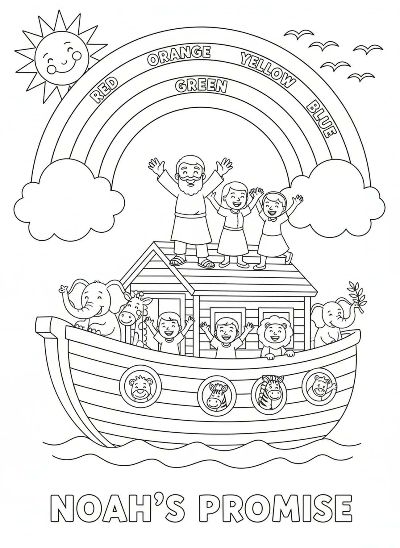 Arc-en-ciel apparaissant au-dessus de l'arche, page à colorier du calendrier de l'Avent pour les enfants de 5 à 10 ans.