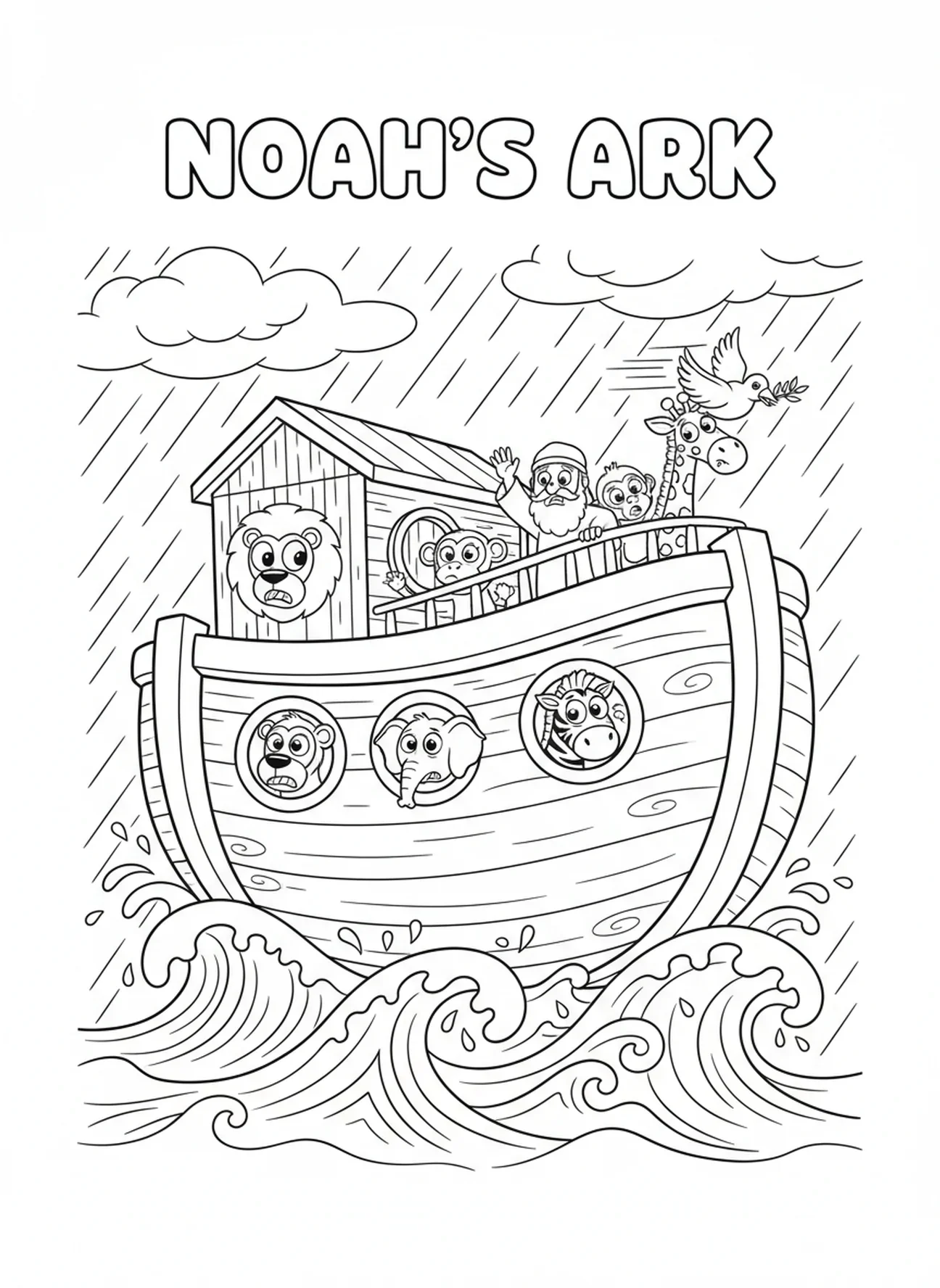 L'arche sur des mers tempétueuses, page à colorier du calendrier de l'Avent pour les enfants de 5 à 10 ans.