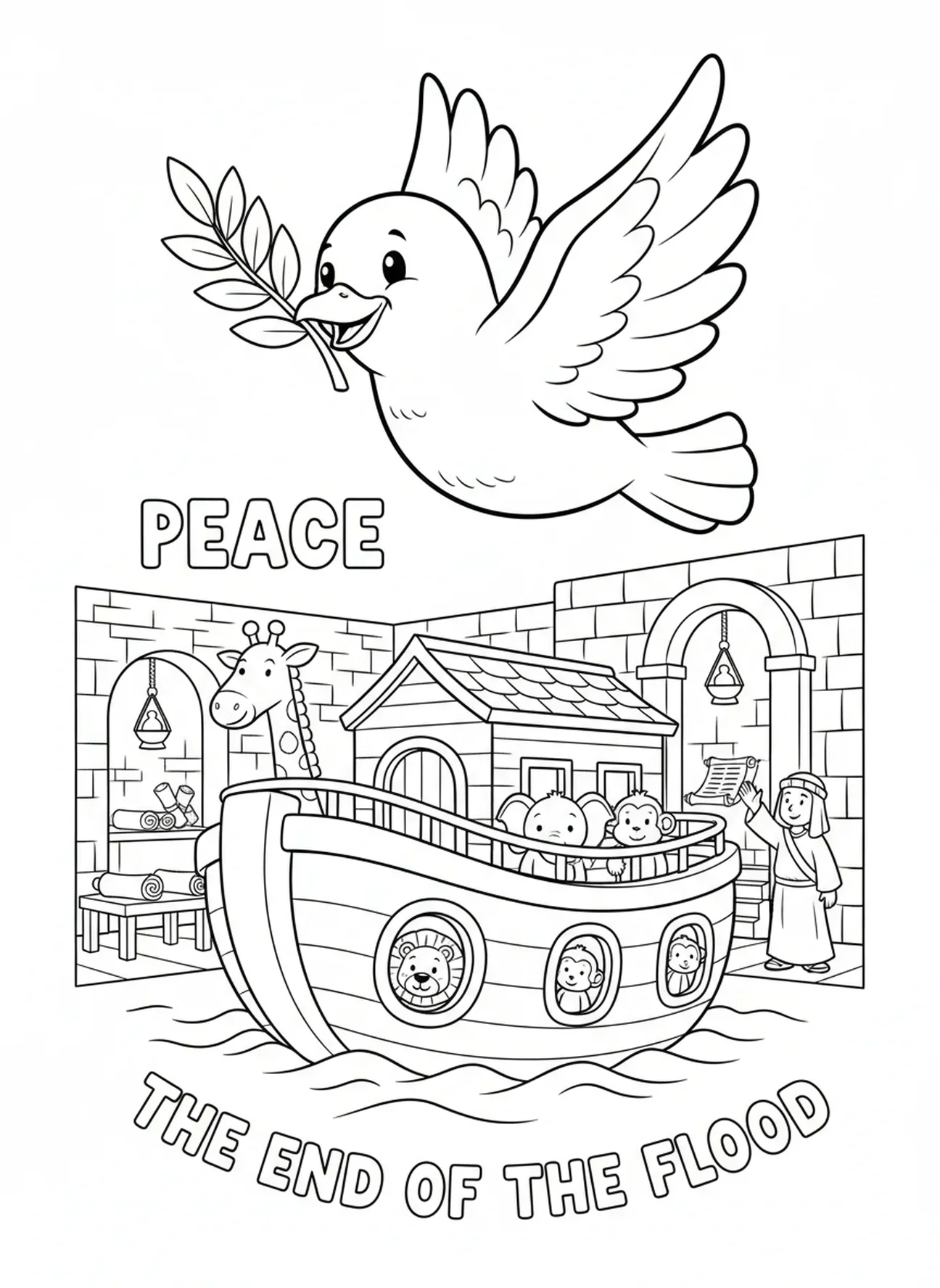 Paloma volando con una rama de olivo, página para colorear del Calendario de Adviento para niños de Escuela Dominical de 5 a 12 años