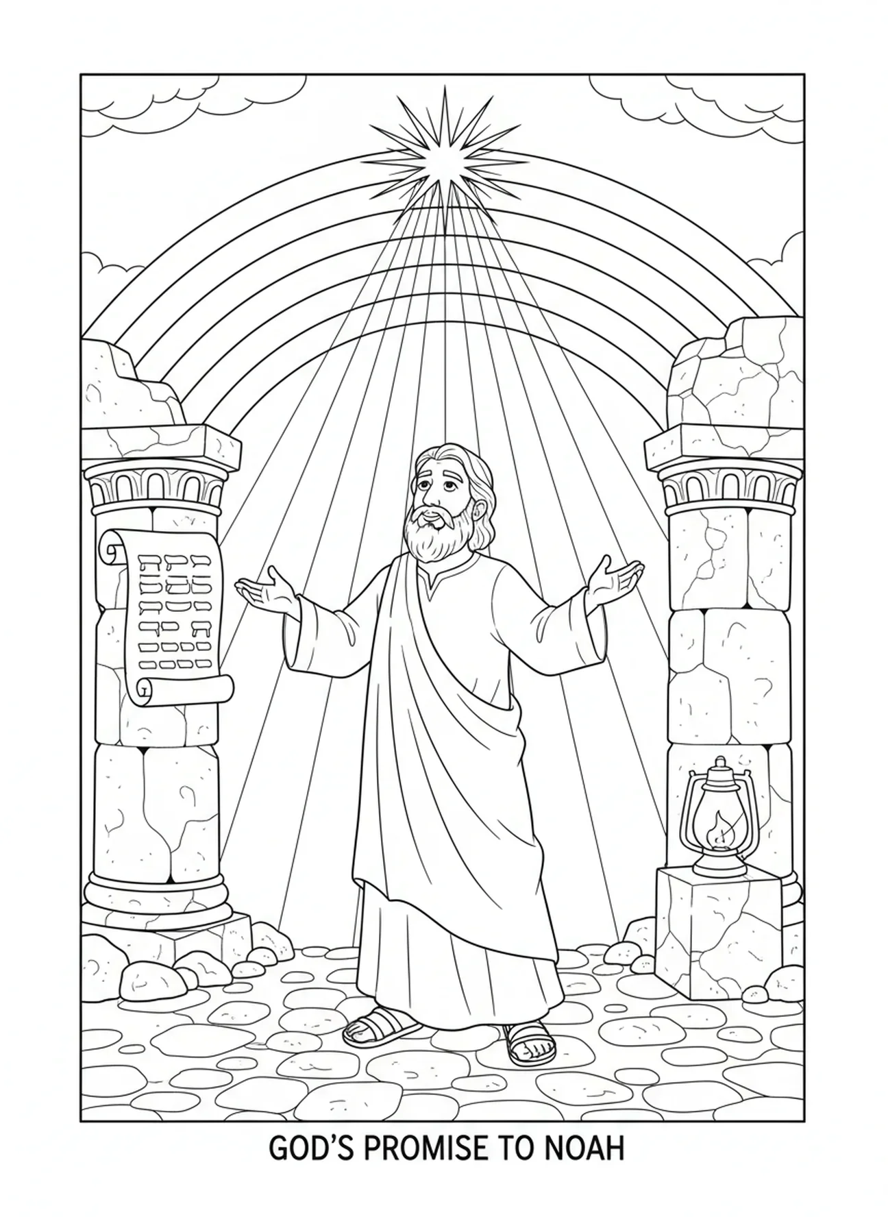 Noé recibiendo la promesa de Dios, página para colorear del Calendario de Adviento para niños de la Escuela Dominical de 5 a 12 años