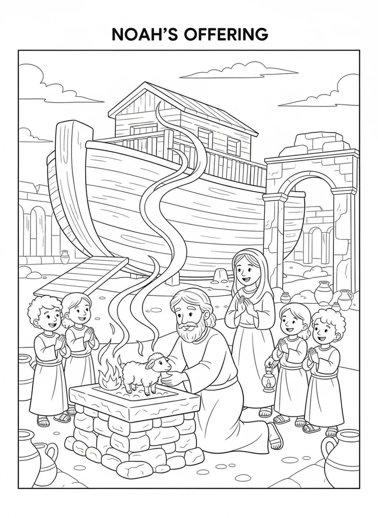 Noé ofreciendo un sacrificio, página para colorear del Calendario de Adviento para niños de Escuela Dominical de 5 a 12 años