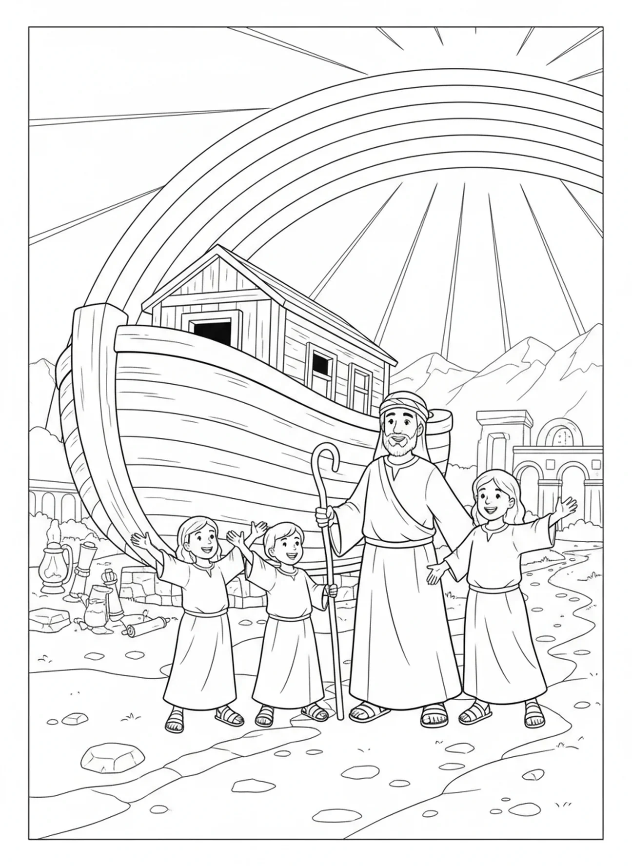 La familia de Noé admirando el arcoíris, página para colorear del Calendario de Adviento para niños de Escuela Dominical de 5 a 12 años