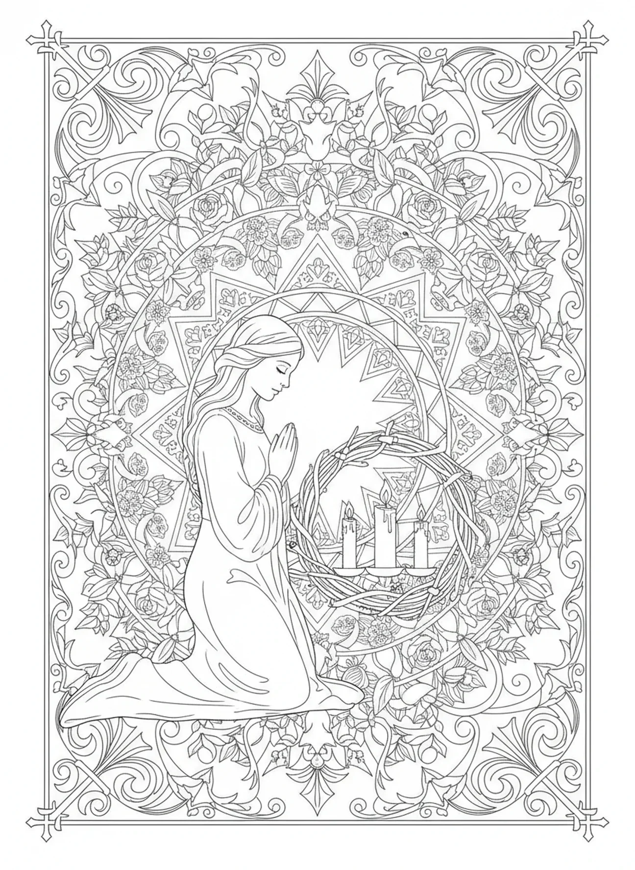 Persona orando junto a la corona de Adviento, página para colorear de la corona de Adviento estilo journaling bíblico para adultos.