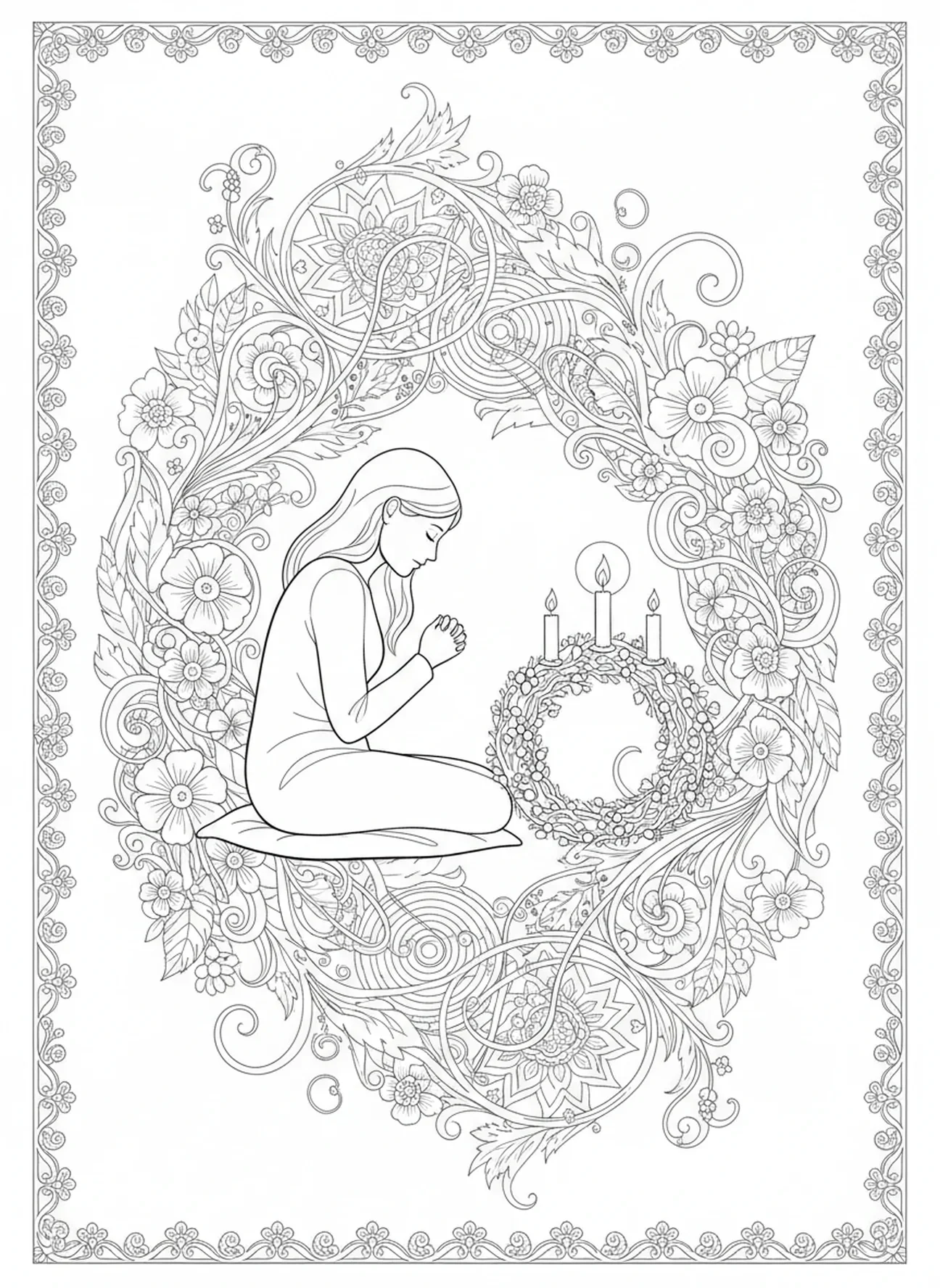 Persona reflexionando junto a la corona de Adviento, página para colorear estilo journaling bíblico para adultos.
