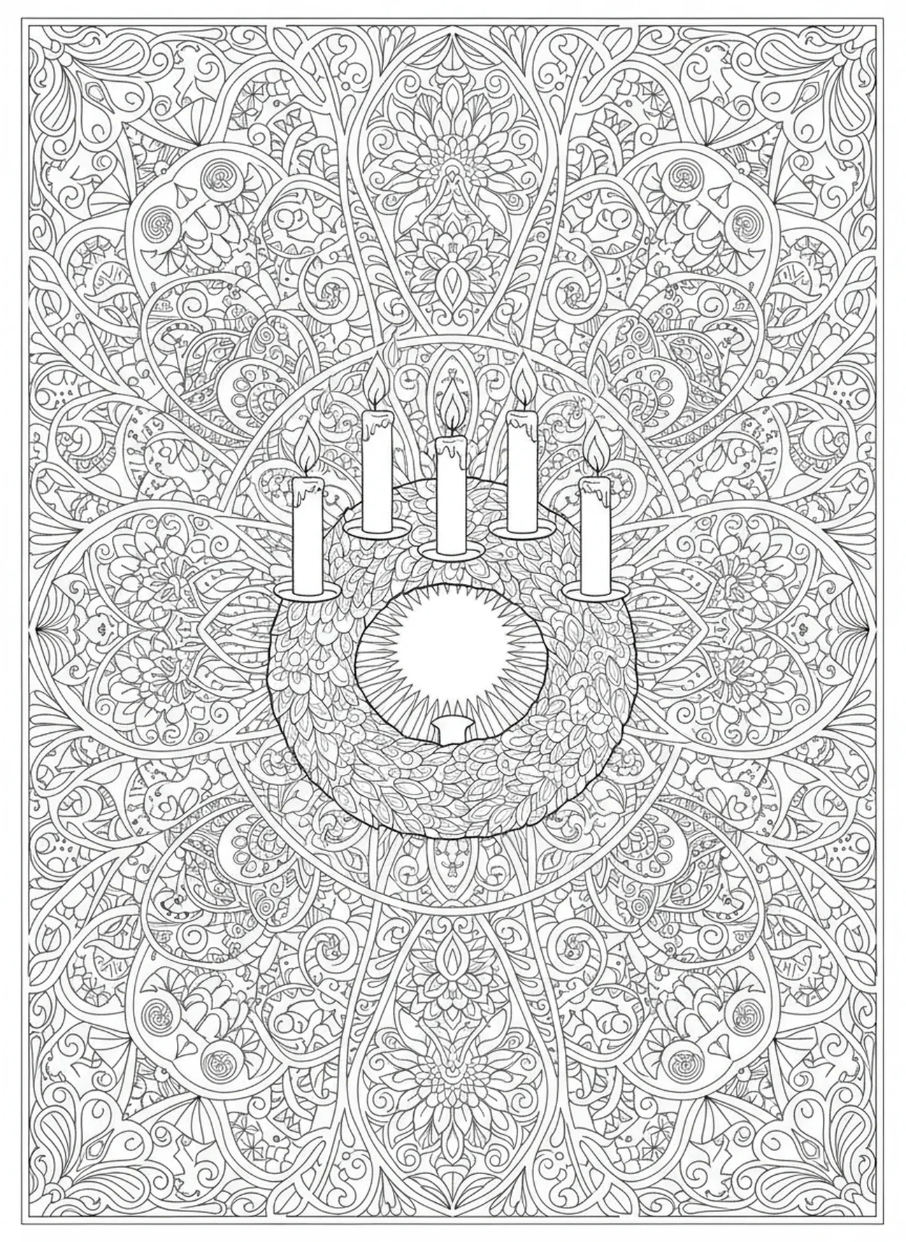 Corona de Adviento completamente iluminada, página para colorear de la Corona de Adviento para adultos en estilo de journaling bíblico.