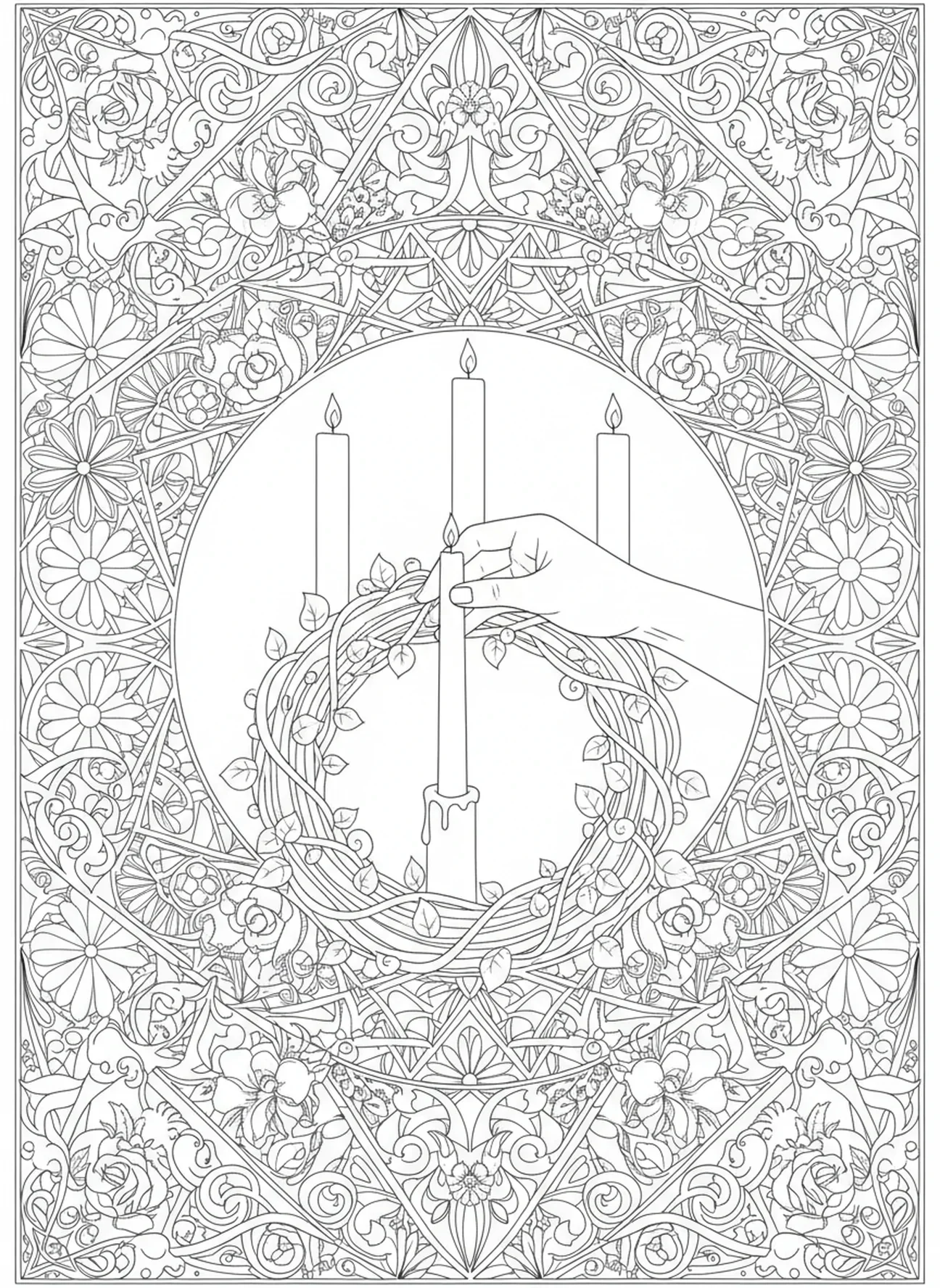 Mano encendiendo velas, página para colorear de la Corona de Adviento estilo journaling bíblico para adultos.