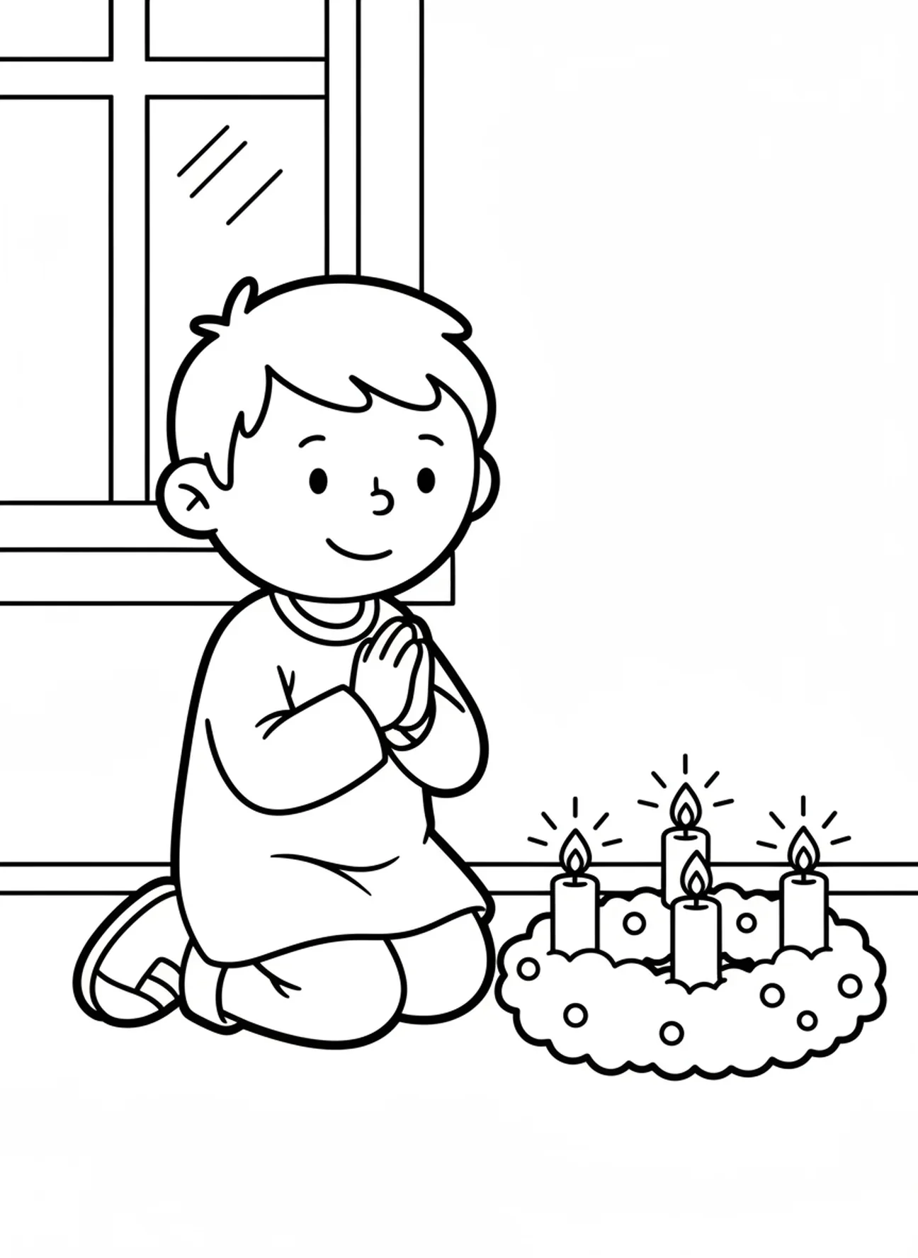 Enfant priant à côté de la couronne de l'Avent, page à colorier de la couronne de l'Avent pour les enfants de 3 à 5 ans.