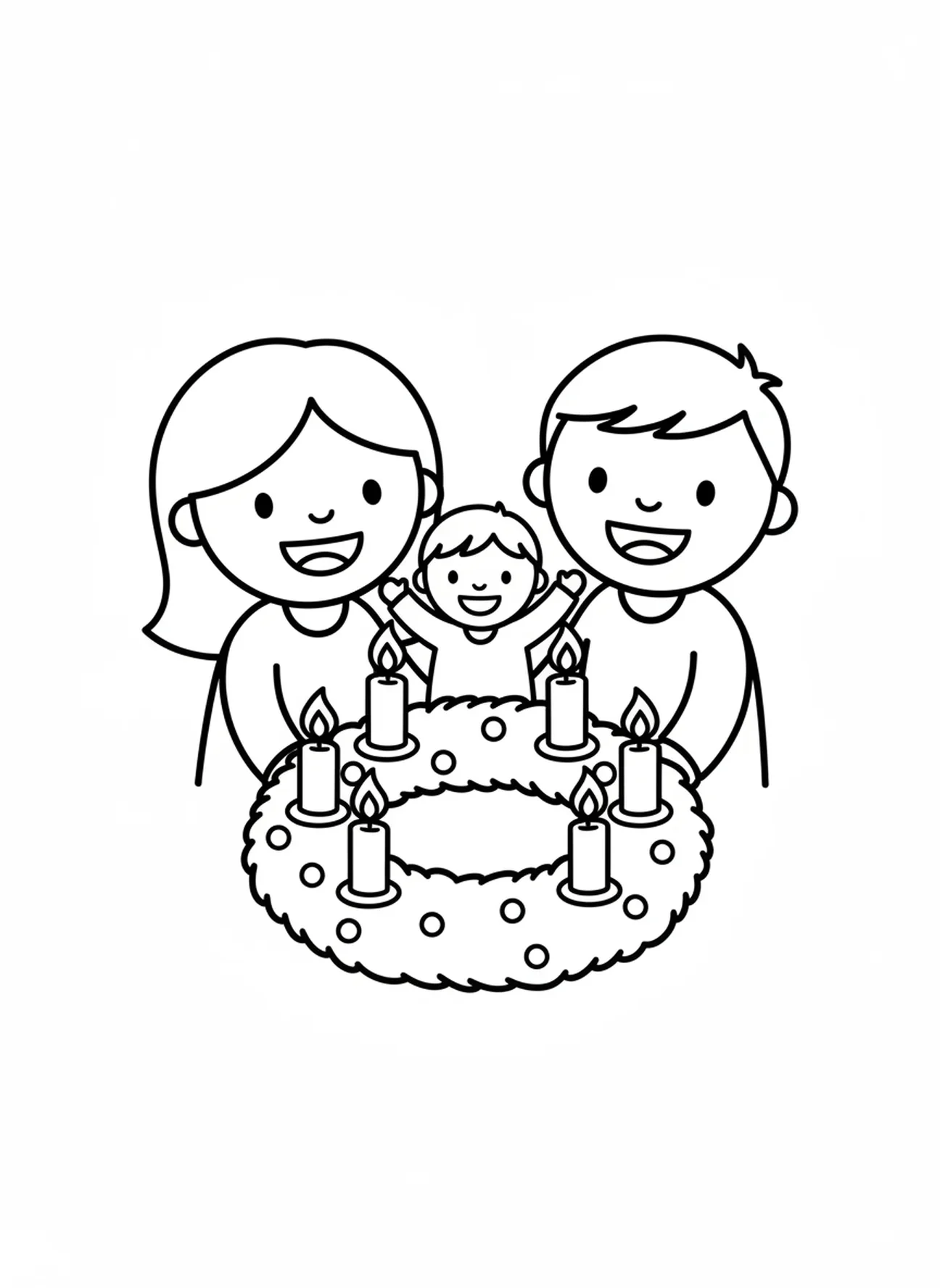 Famille heureuse autour de la couronne de l'Avent, page à colorier de la couronne de l'Avent pour les enfants d'âge préscolaire de 3 à 5 ans.