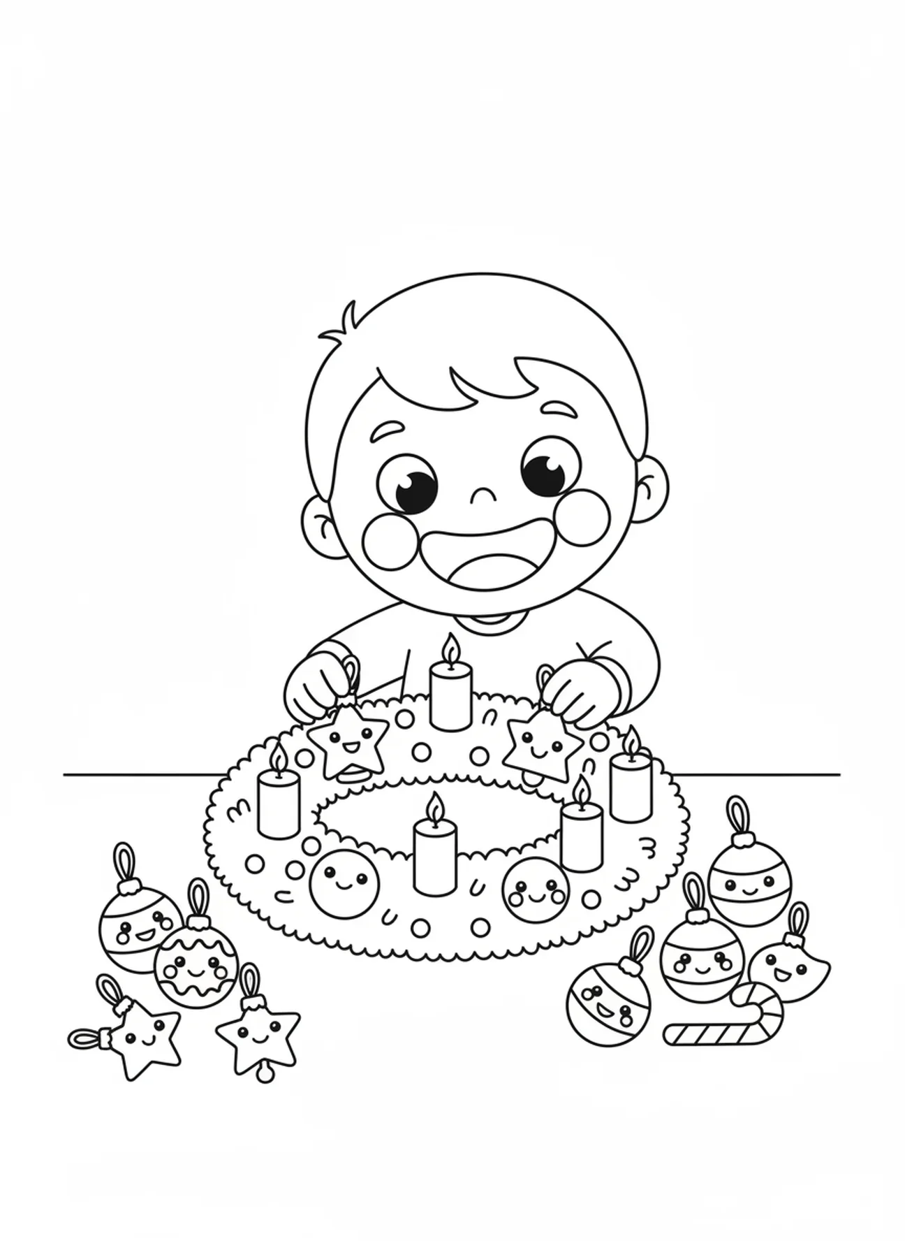 Enfant décorant autour de la couronne de l'Avent, page à colorier de la couronne de l'Avent pour les enfants de 3 à 5 ans.