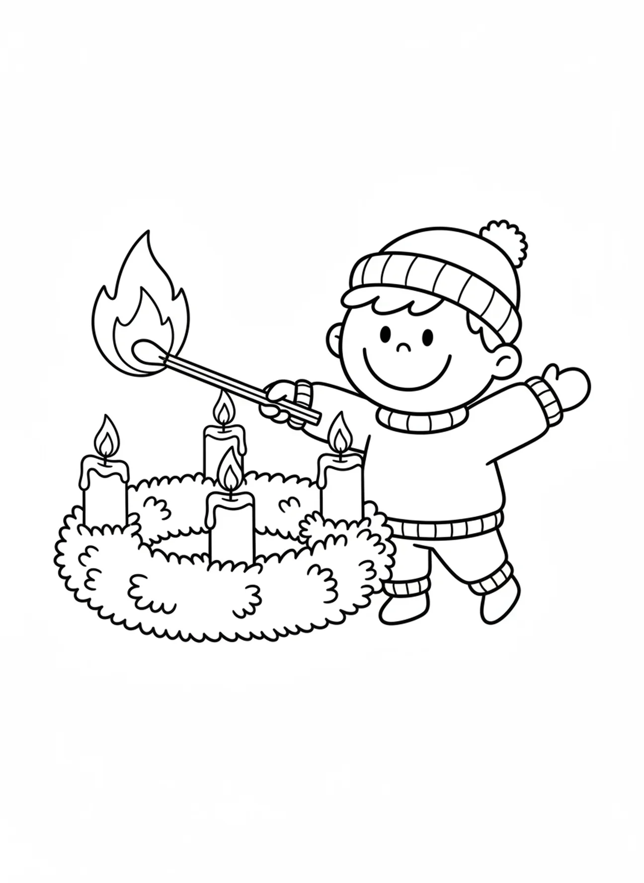 Enfant souriant allumant une bougie, page à colorier de la couronne de l'Avent pour les préscolaires de 3 à 5 ans.
