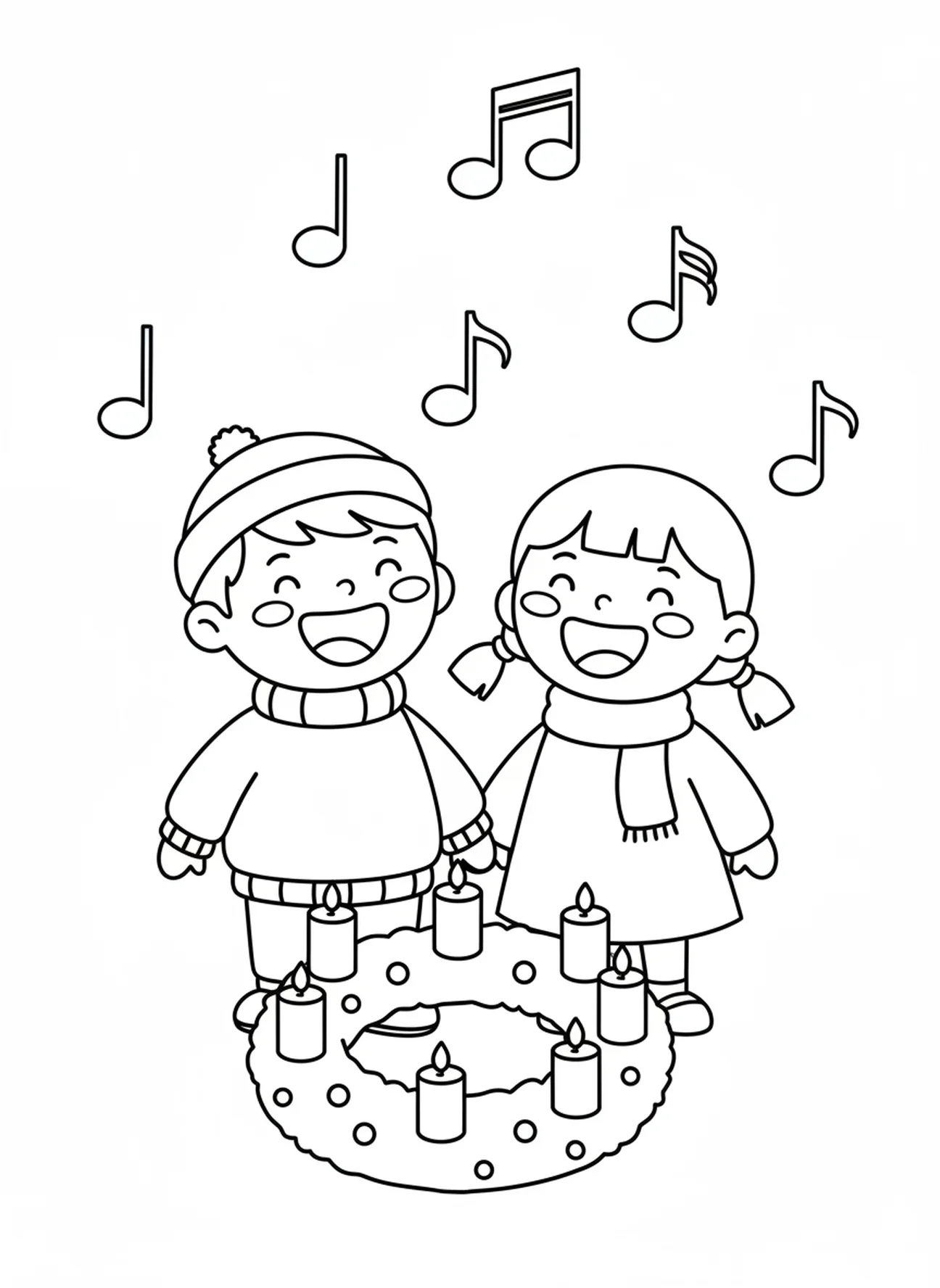 Deux enfants chantant des cantiques près de la couronne de l'Avent, page à colorier de la couronne de l'Avent pour les enfants de 3 à 5 ans.