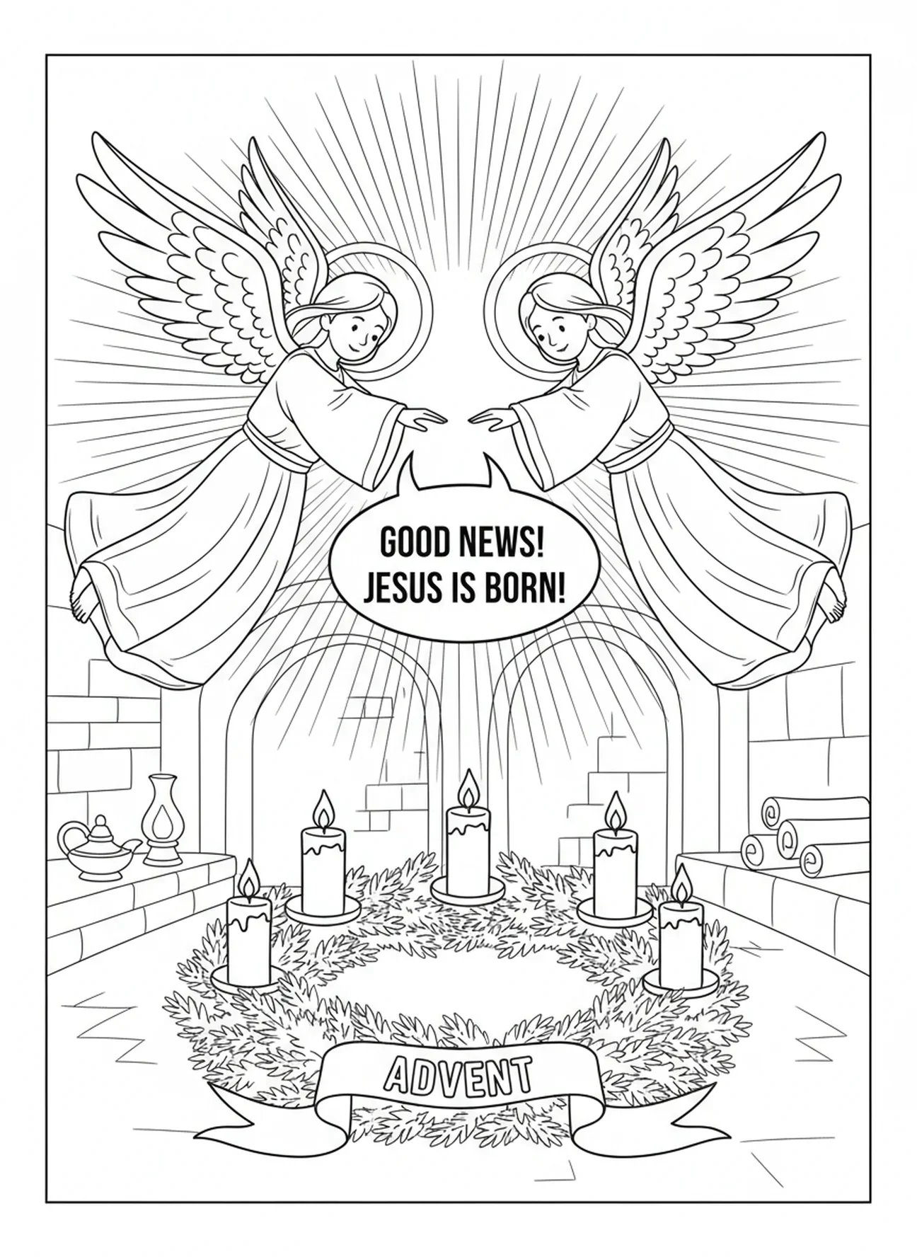 Anjos anunciando o nascimento, página para colorir da Coroa do Advento para crianças da Escola Dominical de 5 a 12 anos.