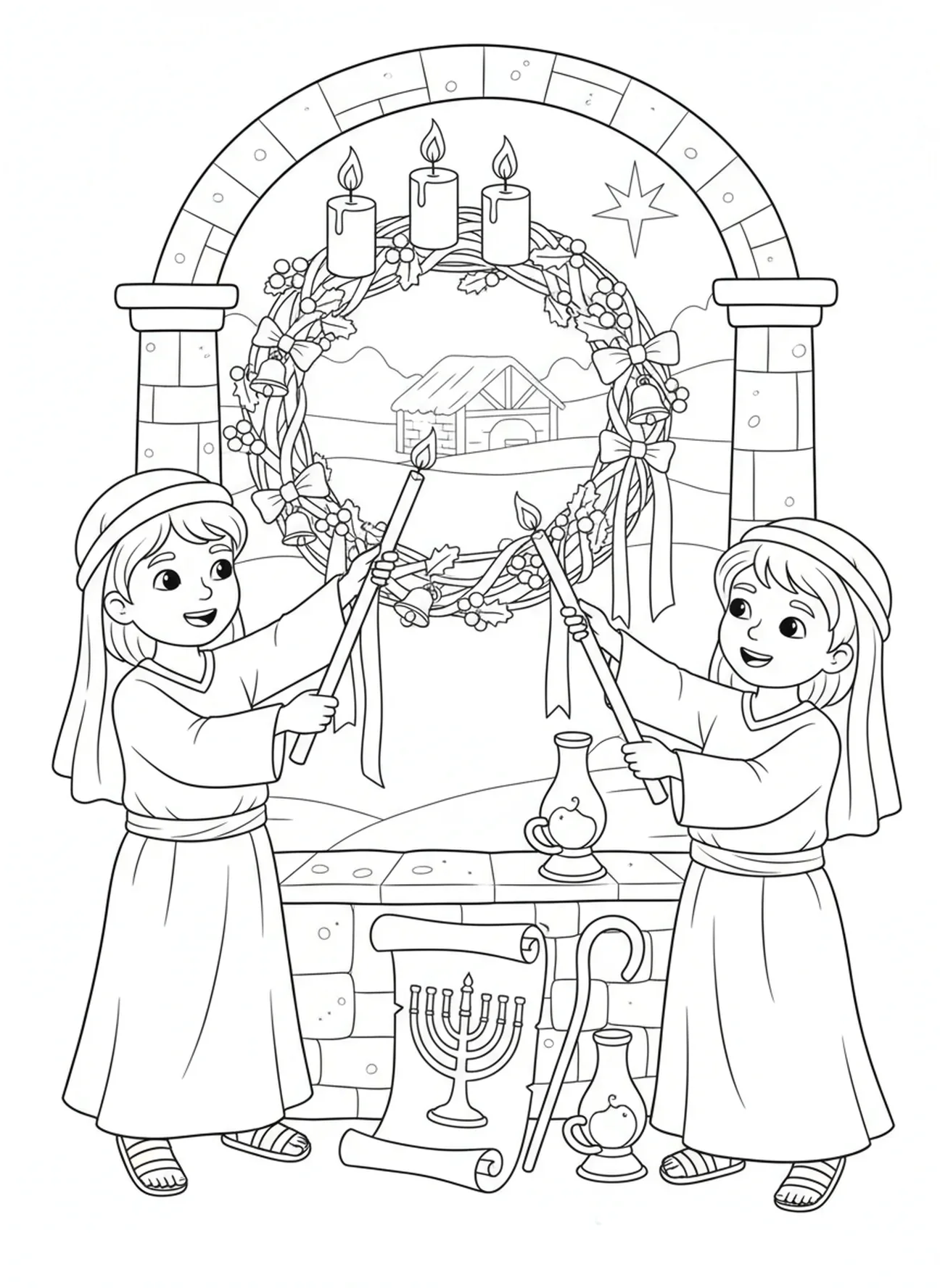 Duas crianças acendendo velas, página para colorir da Coroa do Advento para crianças da Escola Dominical de 5 a 12 anos.