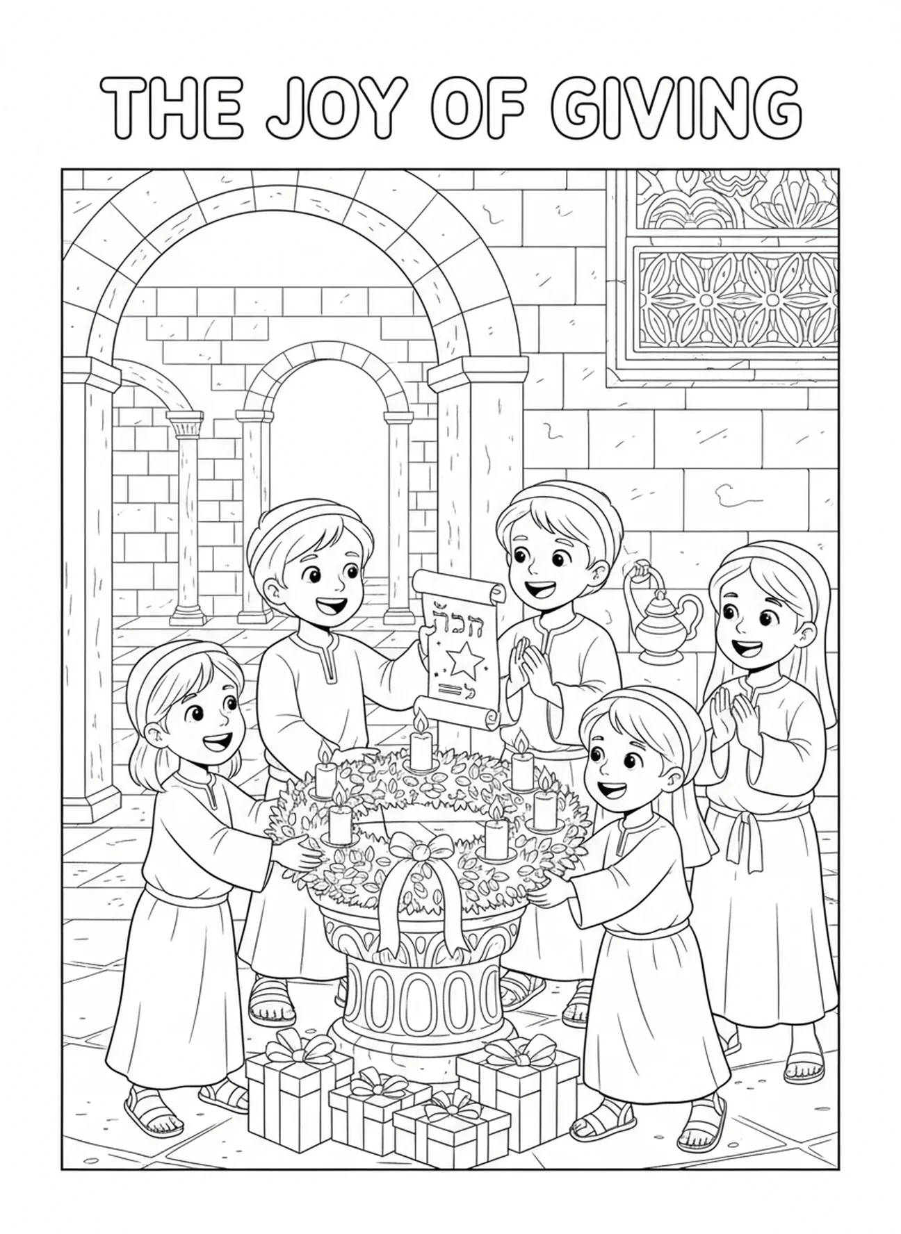 Crianças colocando presentes, página para colorir da Coroa do Advento para crianças da Escola Dominical de 5 a 12 anos.