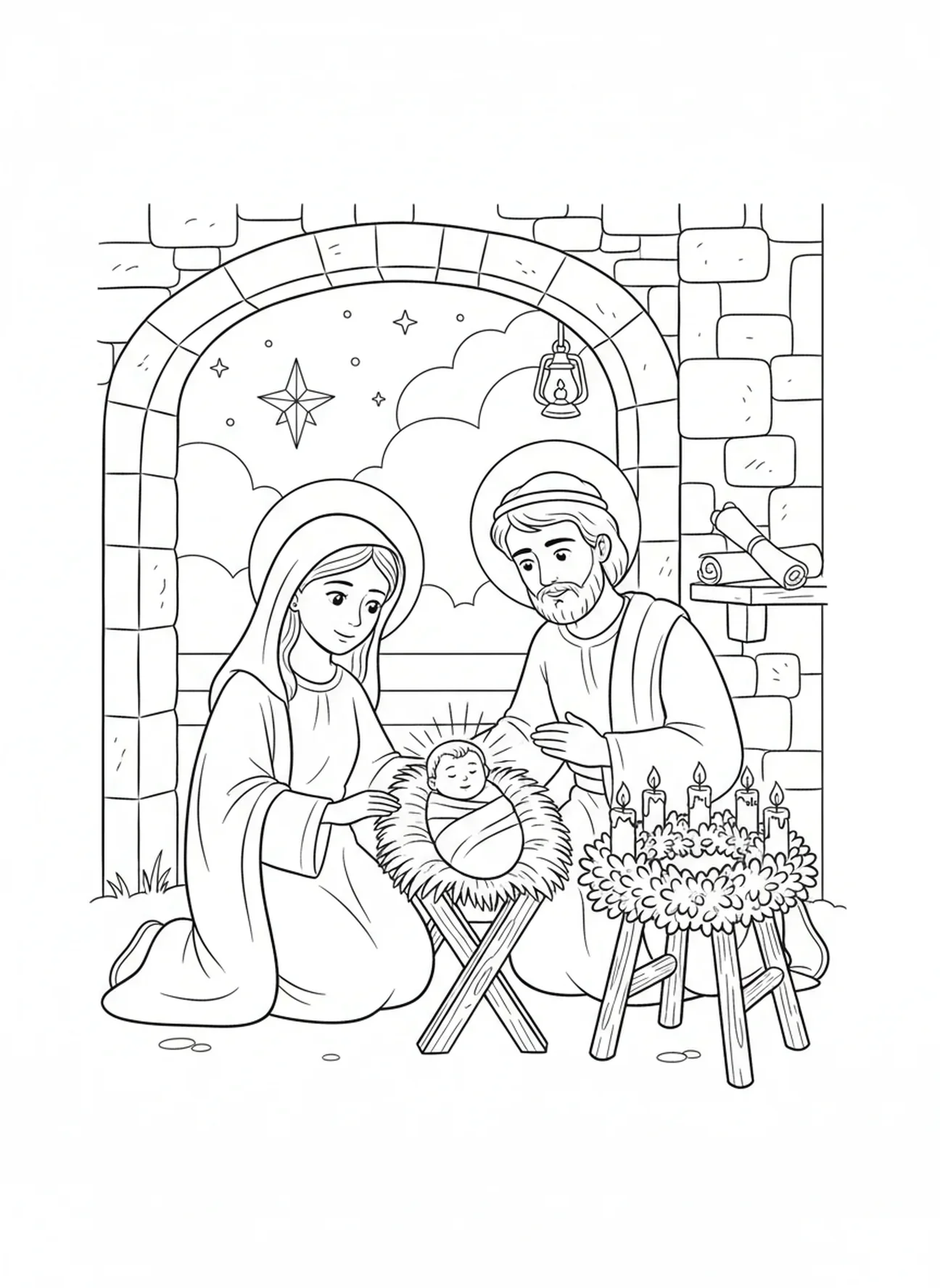 Presépio com guirlanda, página para colorir da Guirlanda do Advento para crianças da Escola Dominical de 5 a 12 anos.