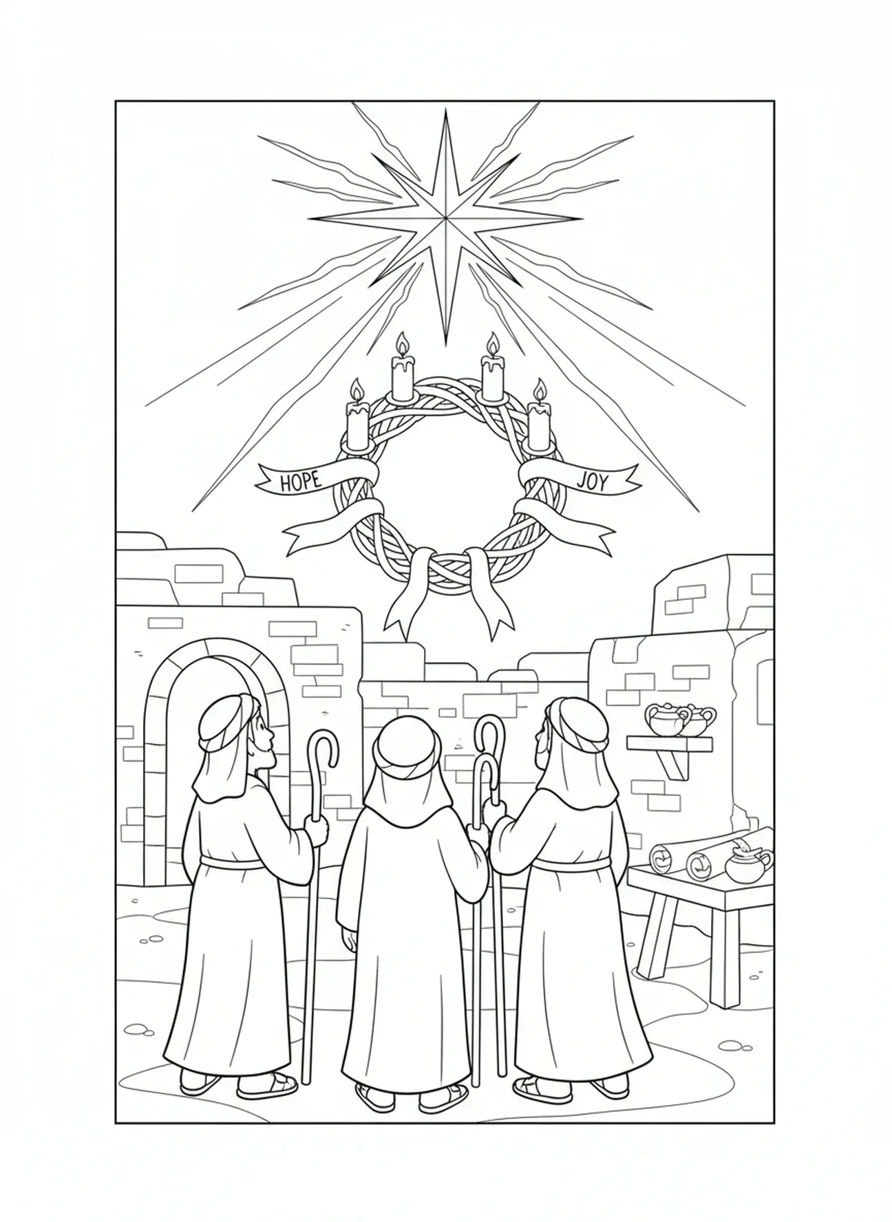 Pastores olhando para a estrela, página de colorir da Coroa do Advento para crianças da Escola Dominical de 5 a 12 anos.