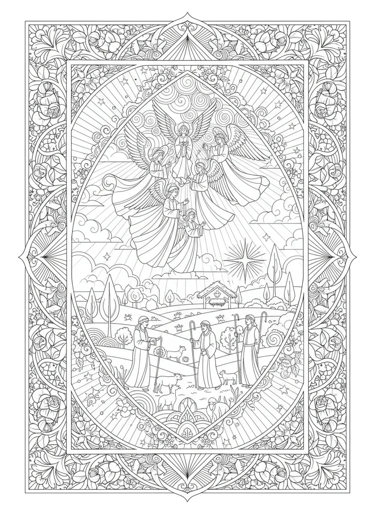 Anges annonçant aux bergers, page à colorier 'Away In A Manger' pour adultes dans un style de journal biblique.