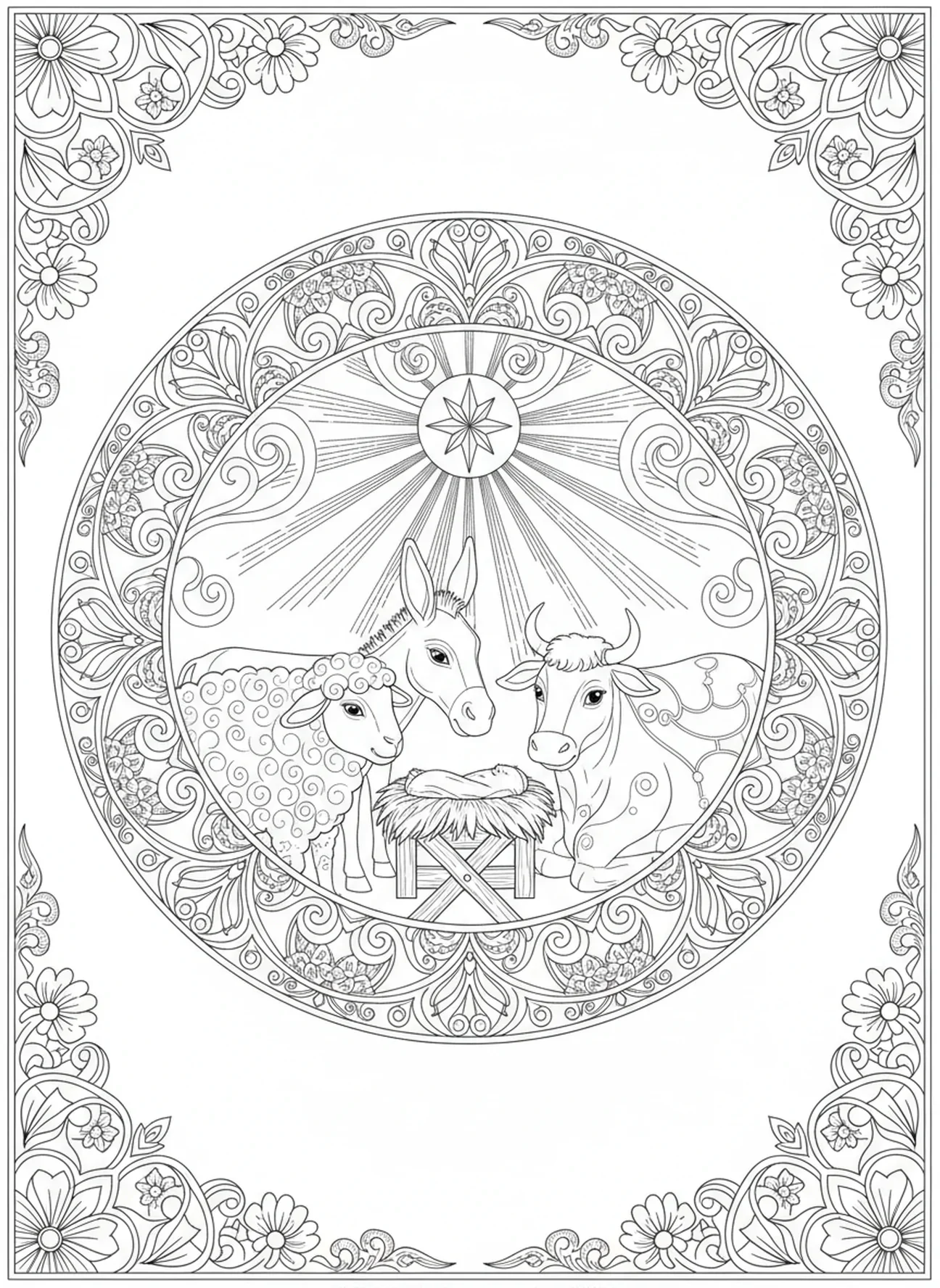 Animaux rassemblés autour de la crèche, page à colorier Away In A Manger pour le journal biblique des adultes.