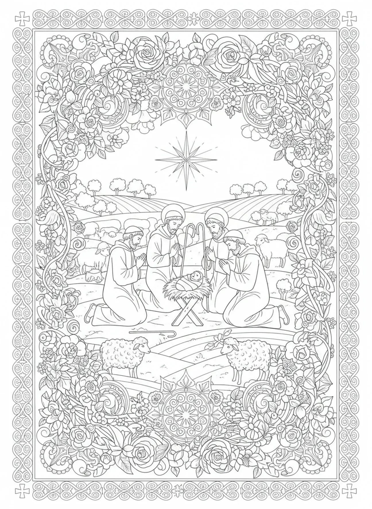 Bergers à genoux en adoration, page à colorier Away In A Manger pour adultes dans un style de journal biblique.