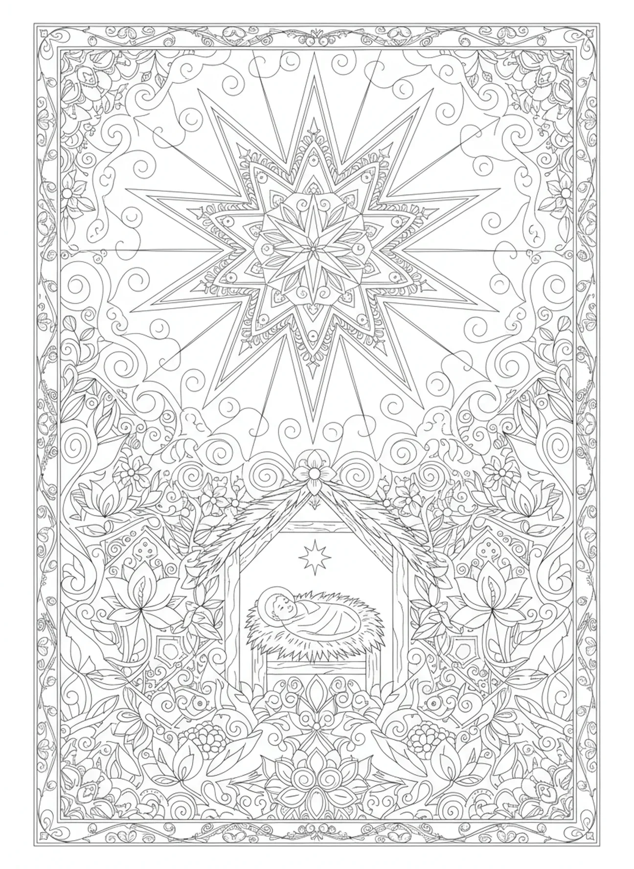 Étoile brillante au-dessus de la crèche, page à colorier Away In A Manger pour adultes dans le style du journal biblique.