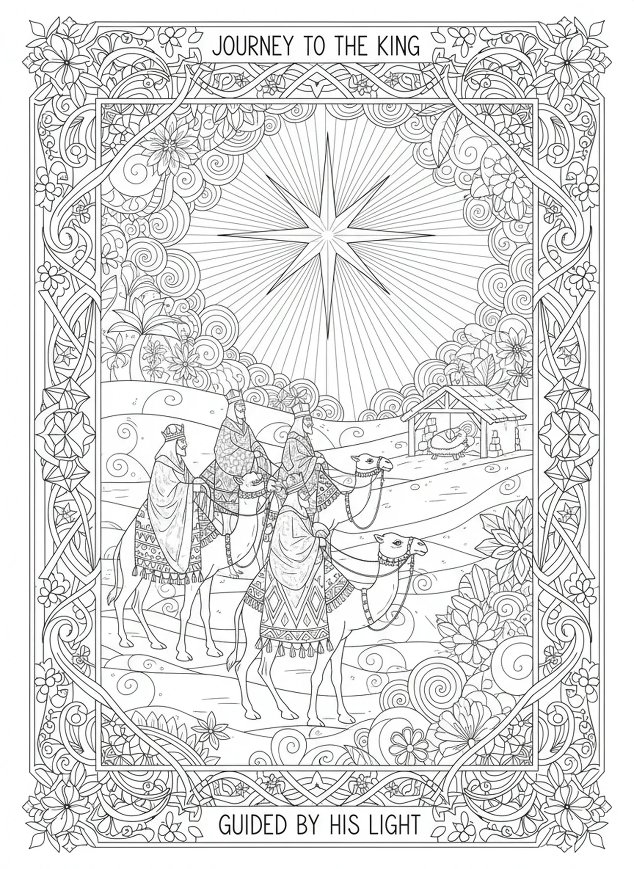 Des sages voyageant avec des cadeaux, page à colorier Away In A Manger pour le journaling biblique pour adultes.