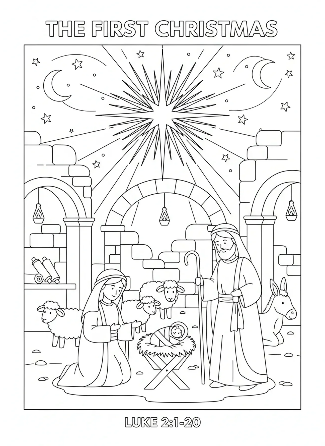 Estrella brillante sobre el pesebre, página para colorear 'Away In A Manger' para niños de Escuela Dominical de 5 a 12 años