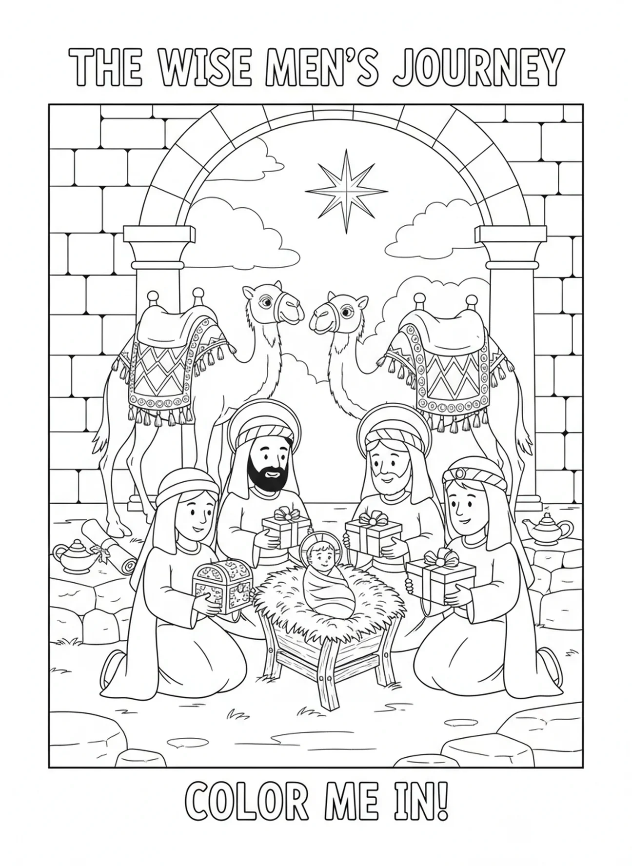 Reyes magos con regalos, página para colorear de Away In A Manger para niños de Escuela Dominical de 5 a 12 años