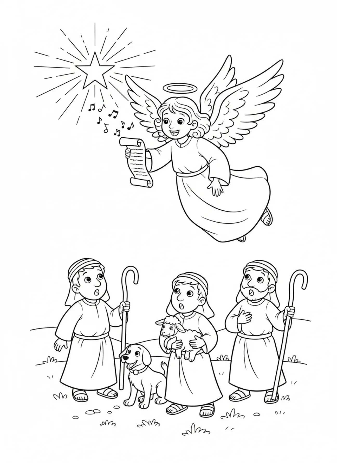 Ángel anunciando el nacimiento a los pastores, página para colorear de la Virgen María sosteniendo al Niño Jesús para niños de 5 a 10 años
